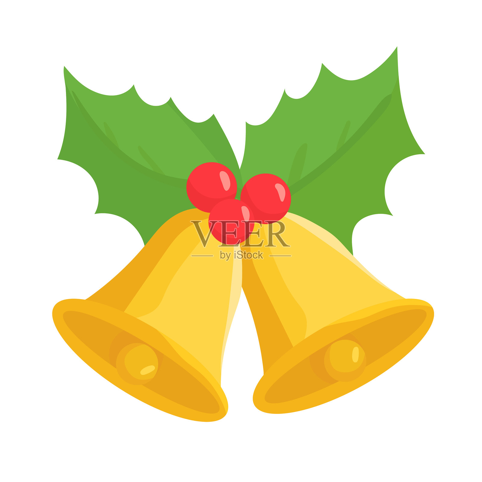 圣诞铃铛与冬青枝。平面矢量剪贴画，带有独立背景的插图。插画图片素材