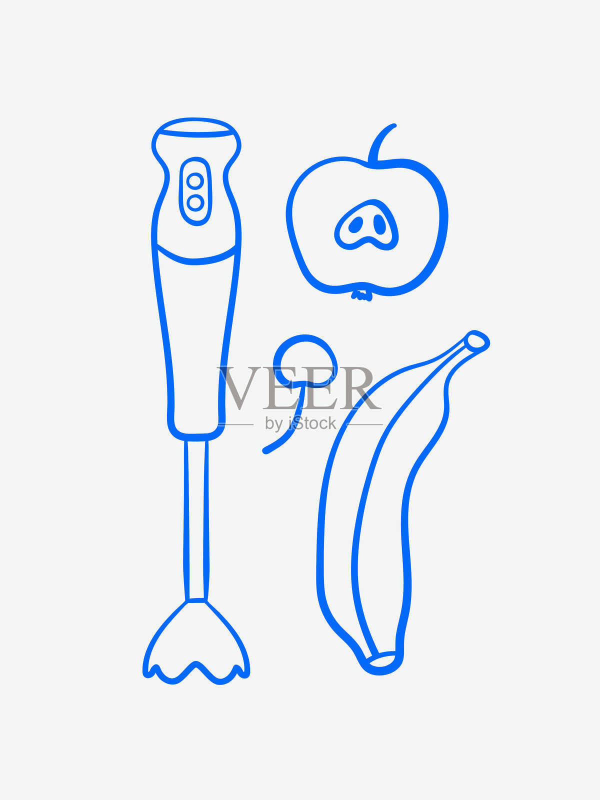 手绘厨房搅拌机与水果。线条艺术，墨水，极简风格。插画图片素材
