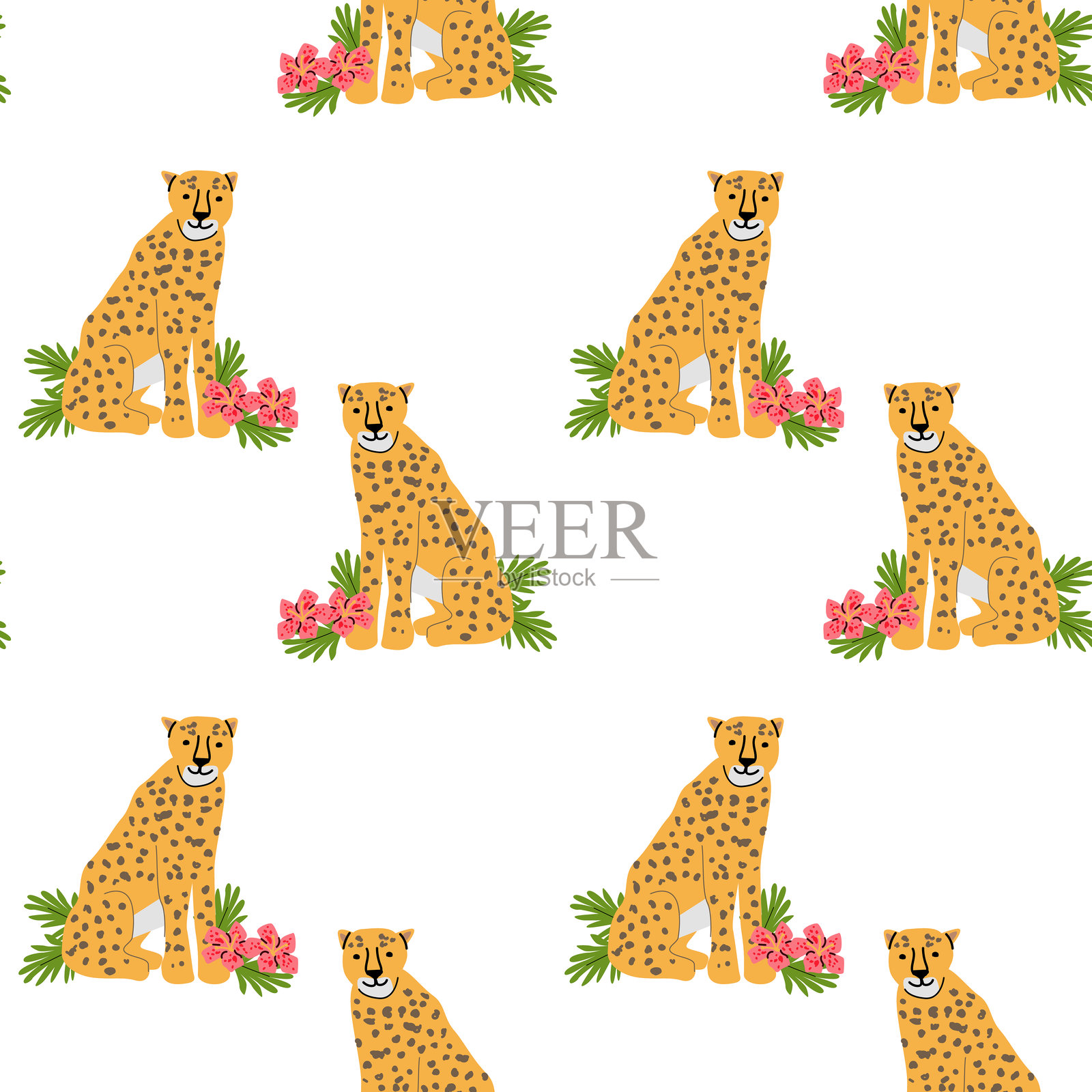 充满活力的猎豹与热带花卉和叶子图案的装饰设计插画图片素材