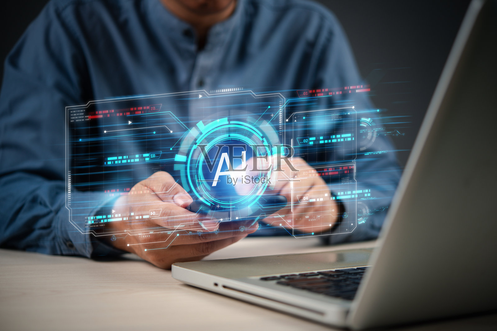 用户手持智能手机，未来派人工智能创新界面悬浮在上方，代表人工智能、自动化和智能系统集成。照片摄影图片