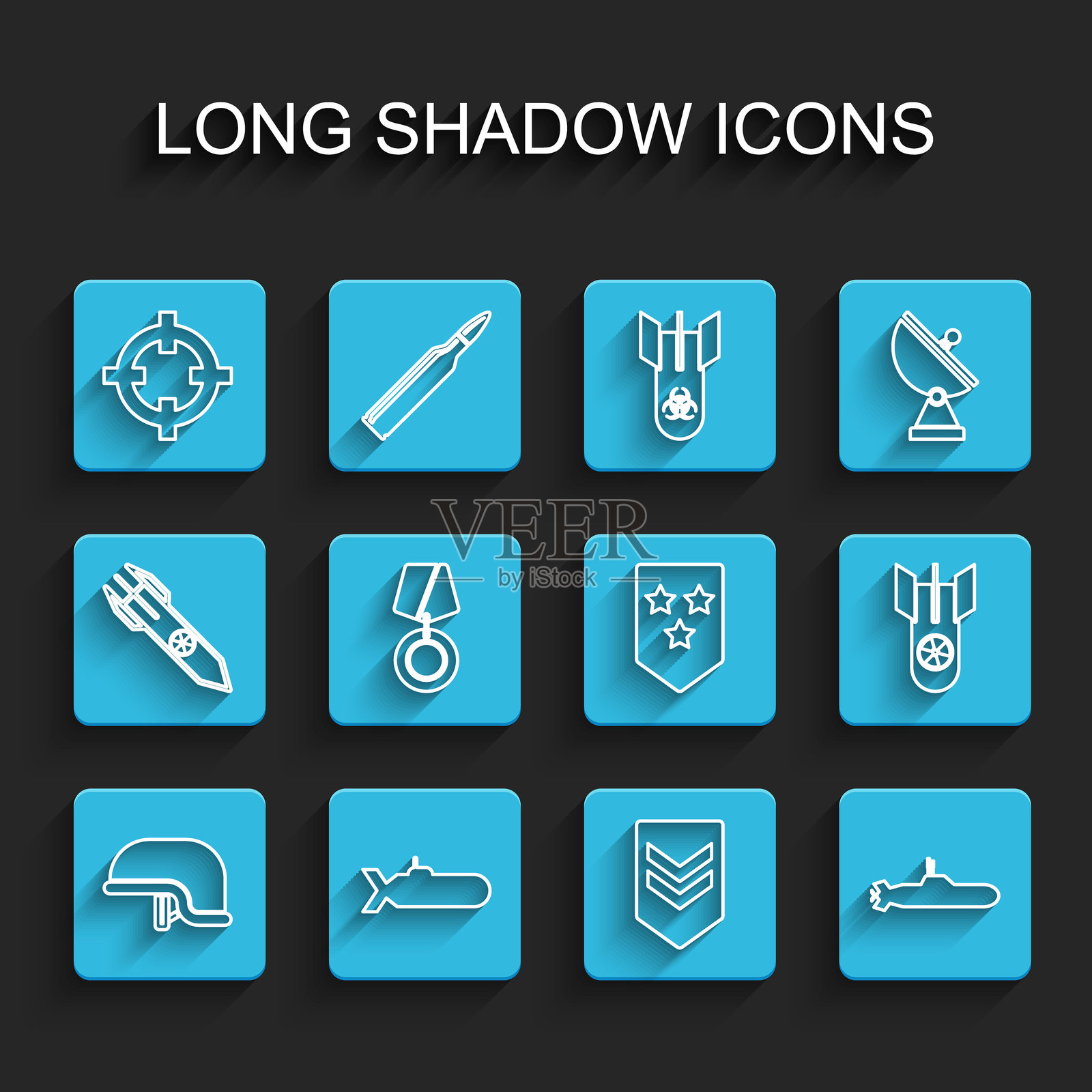 军用头盔、潜艇、靶场运动、V字形、奖励奖章、核弹和图标。矢量图插画图片素材