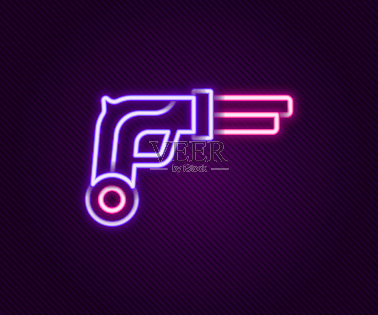 发光的霓虹线复古手枪图标，背景为黑色。古老武器。彩色轮廓概念。矢量图。插画图片素材