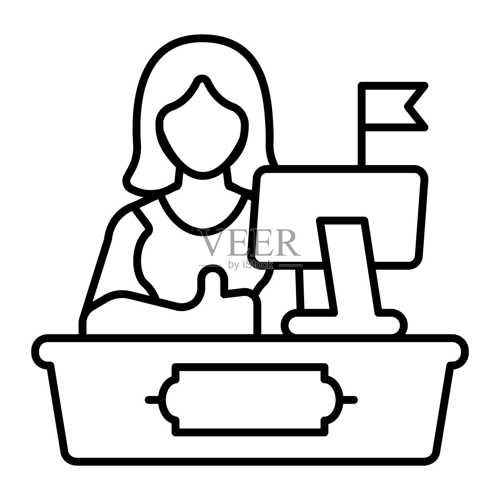 药店收银员在桌子旁，配有显示器和旗帜的细线图标。矢量图形。药剂师指向购物标志，背景为白色，适合移动或设计风格。插画图片素材