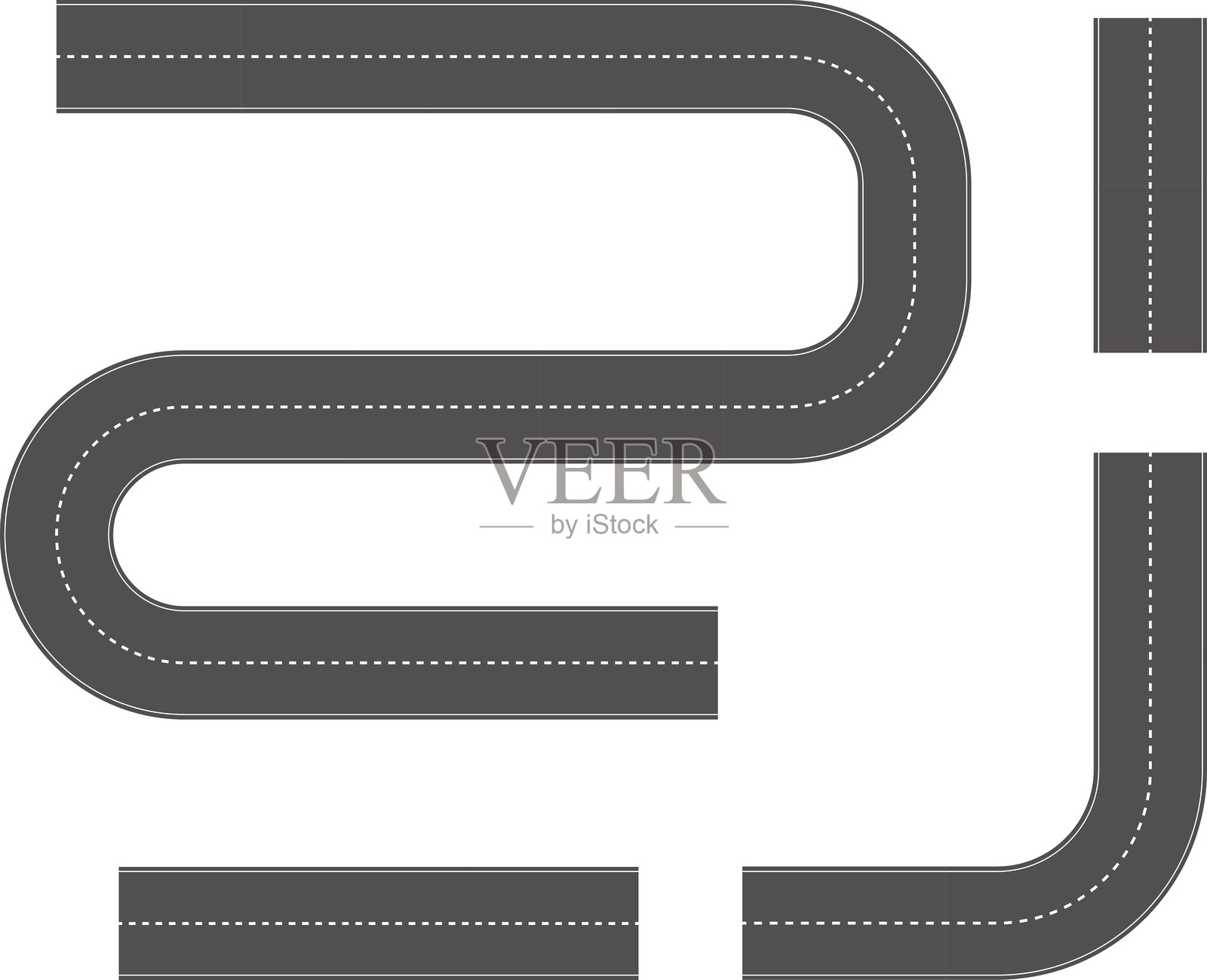 波浪形曲线道路。赛道的俯视图。俯视的蜿蜒道路矢量插图。空旷的高速公路沥青路面，空旷的黑色沥青高速公路带有分隔线。插画图片素材