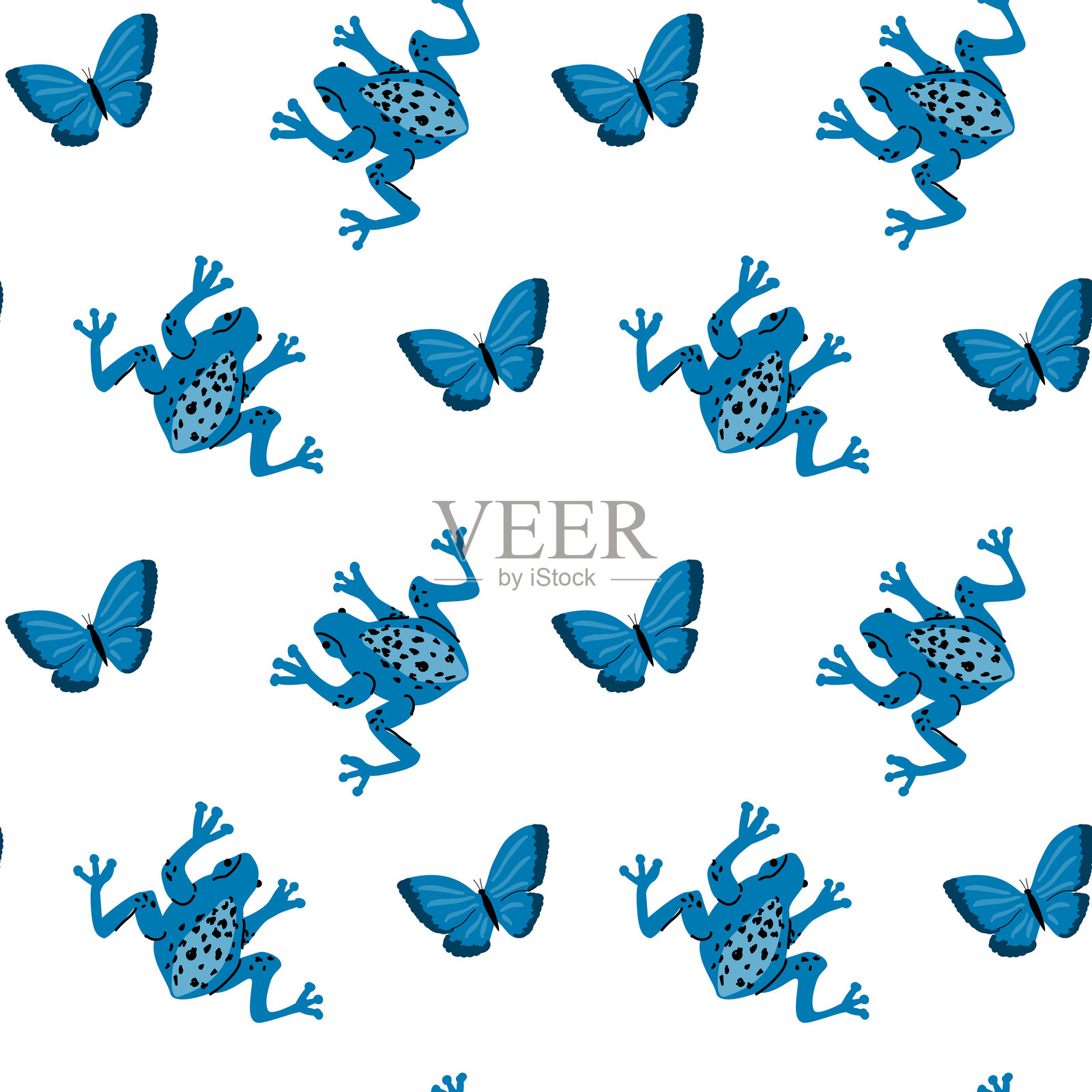 热带动物图案，包含蓝色青蛙和蝴蝶，适用于设计和装饰插画图片素材