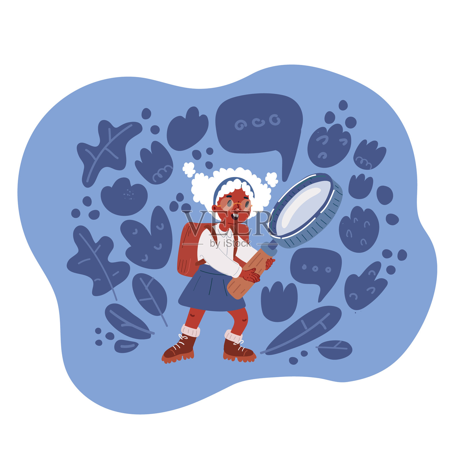 女孩手持放大镜在黑暗背景上搜索的矢量插图插画图片素材