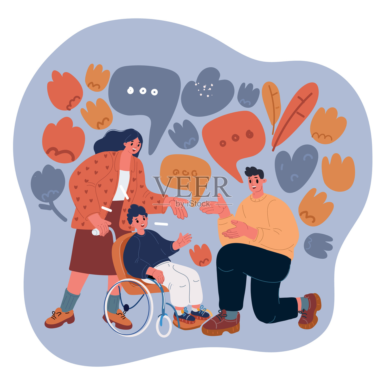 坐在轮椅上的年轻男孩与父母交谈的矢量插图。插画图片素材