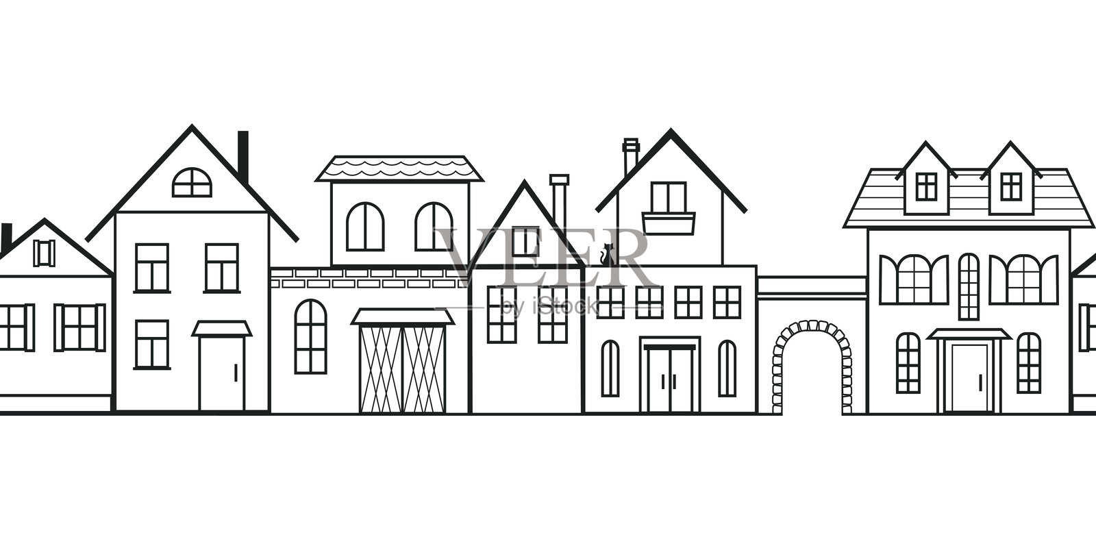 小镇街道的轮廓黑线绘制，透明无缝矢量图案插画图片素材