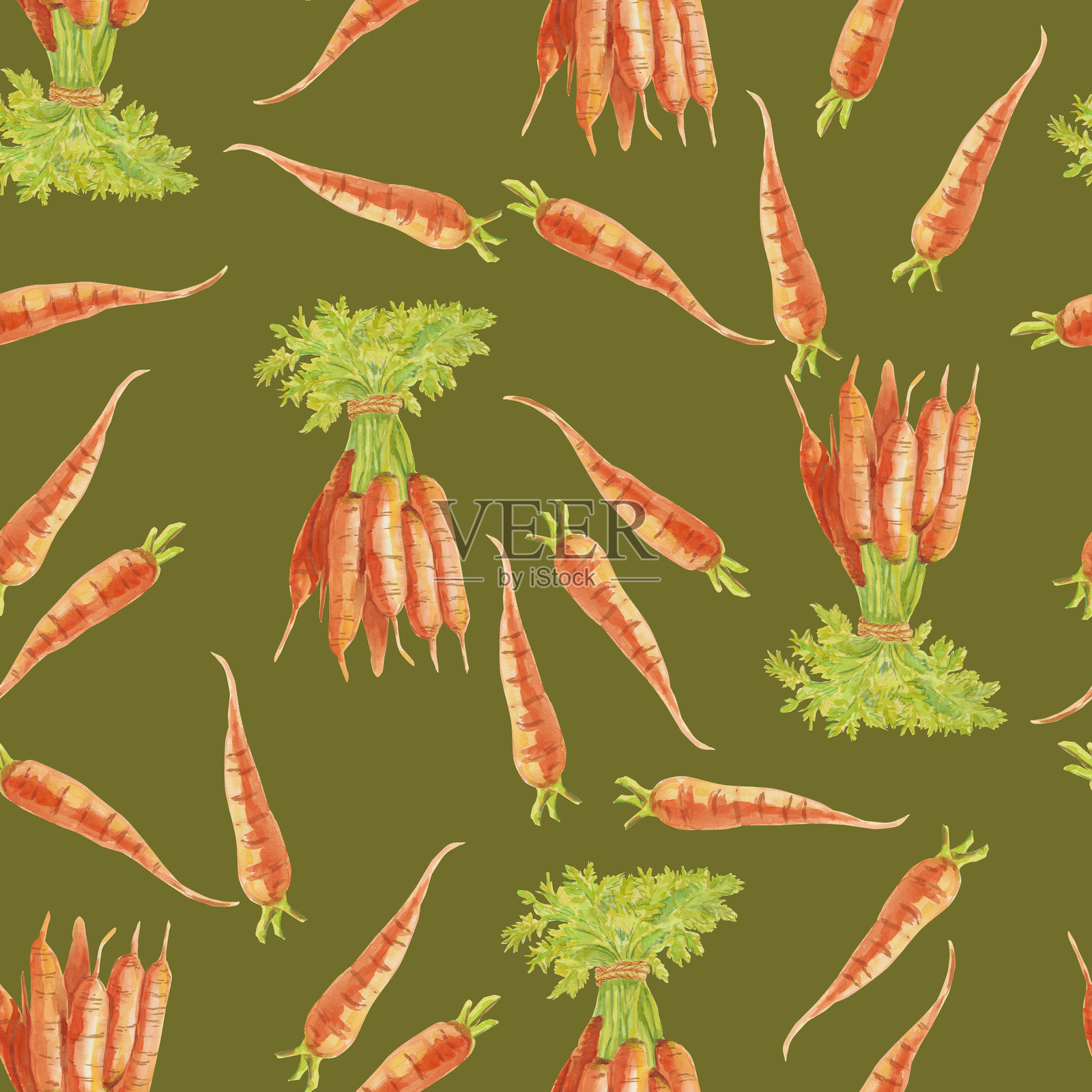 胡萝卜。水彩无缝图案，鲜艳的橙色胡萝卜在温暖的绿色背景上。植物手绘食品插图。为厨房纺织品设计、食品包装和包装纸手绘。插画图片素材
