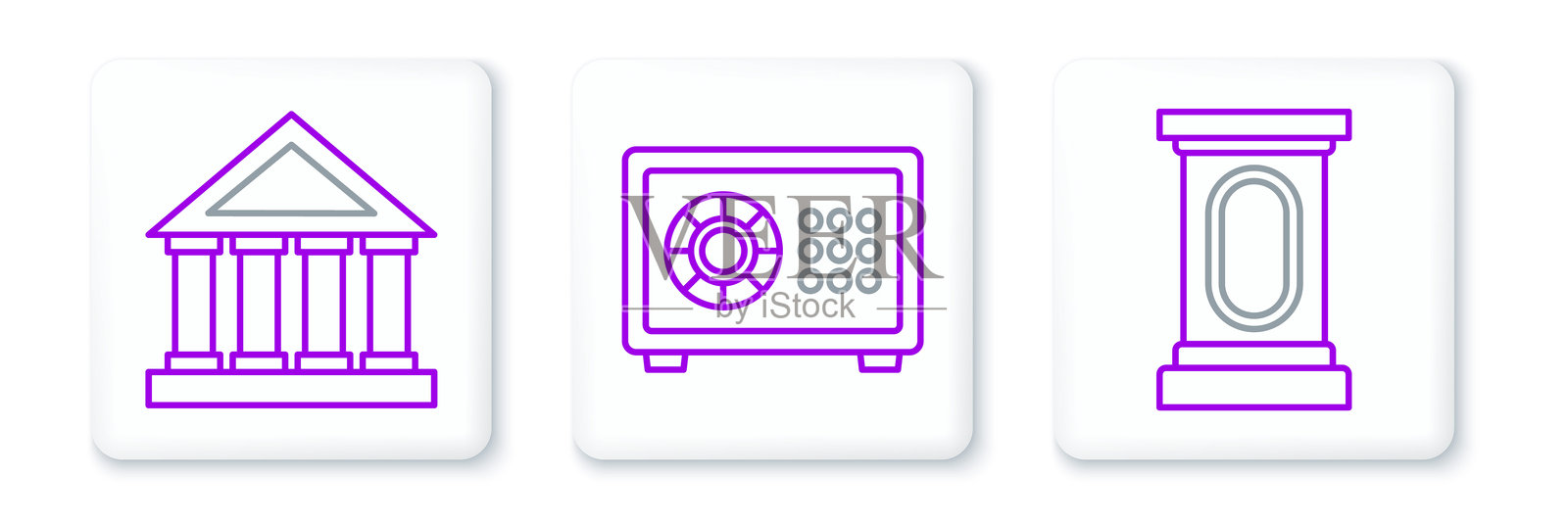 设置线条舞台、辩论讲台、法庭建筑和安全图标。矢量图。插画图片素材