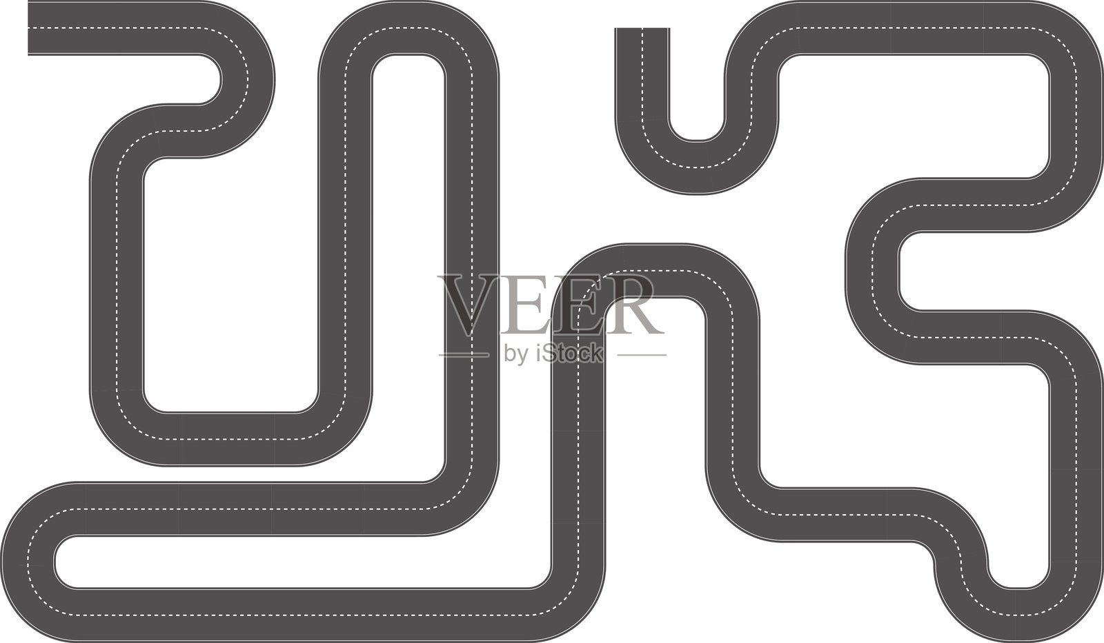 波浪形曲线道路。赛道的俯视图。俯视的蜿蜒道路矢量插图。空旷的高速公路沥青路面，空旷的黑色沥青高速公路带有分隔线。插画图片素材