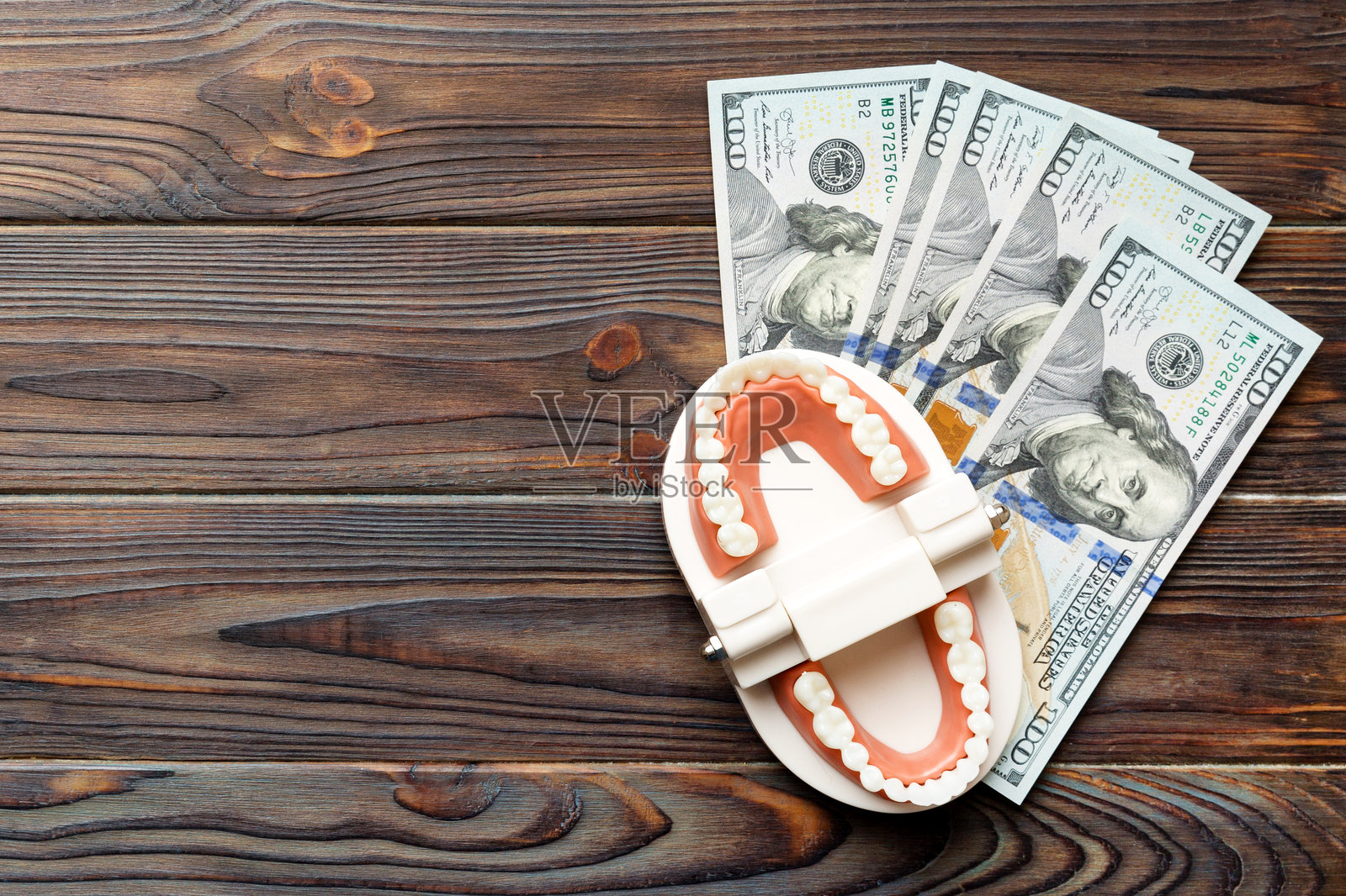 特写的人类下颌模型，白色牙齿和美元钞票。牙科概念照片。义齿。假牙的俯视图，留有空白空间。照片摄影图片