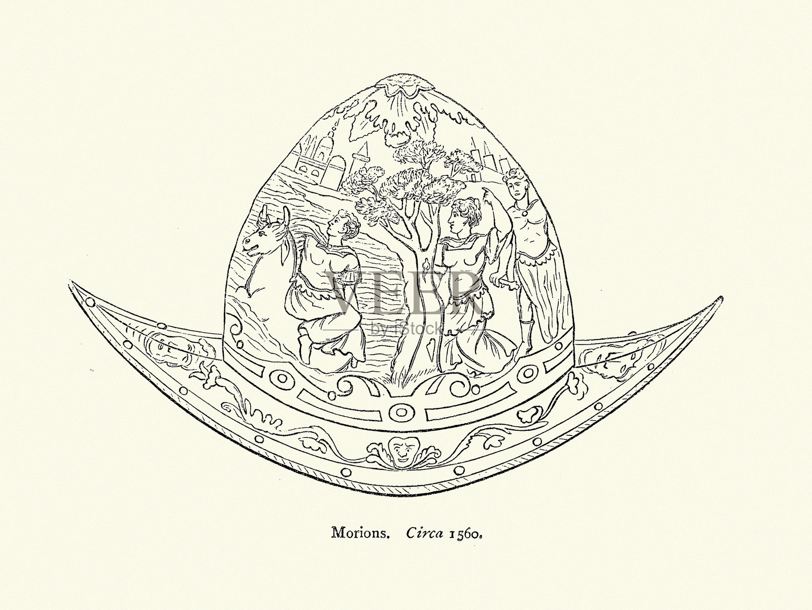 军事历史，莫里昂是一种源自西班牙的开放式战斗头盔，使用于16世纪初至17世纪初。插画图片素材