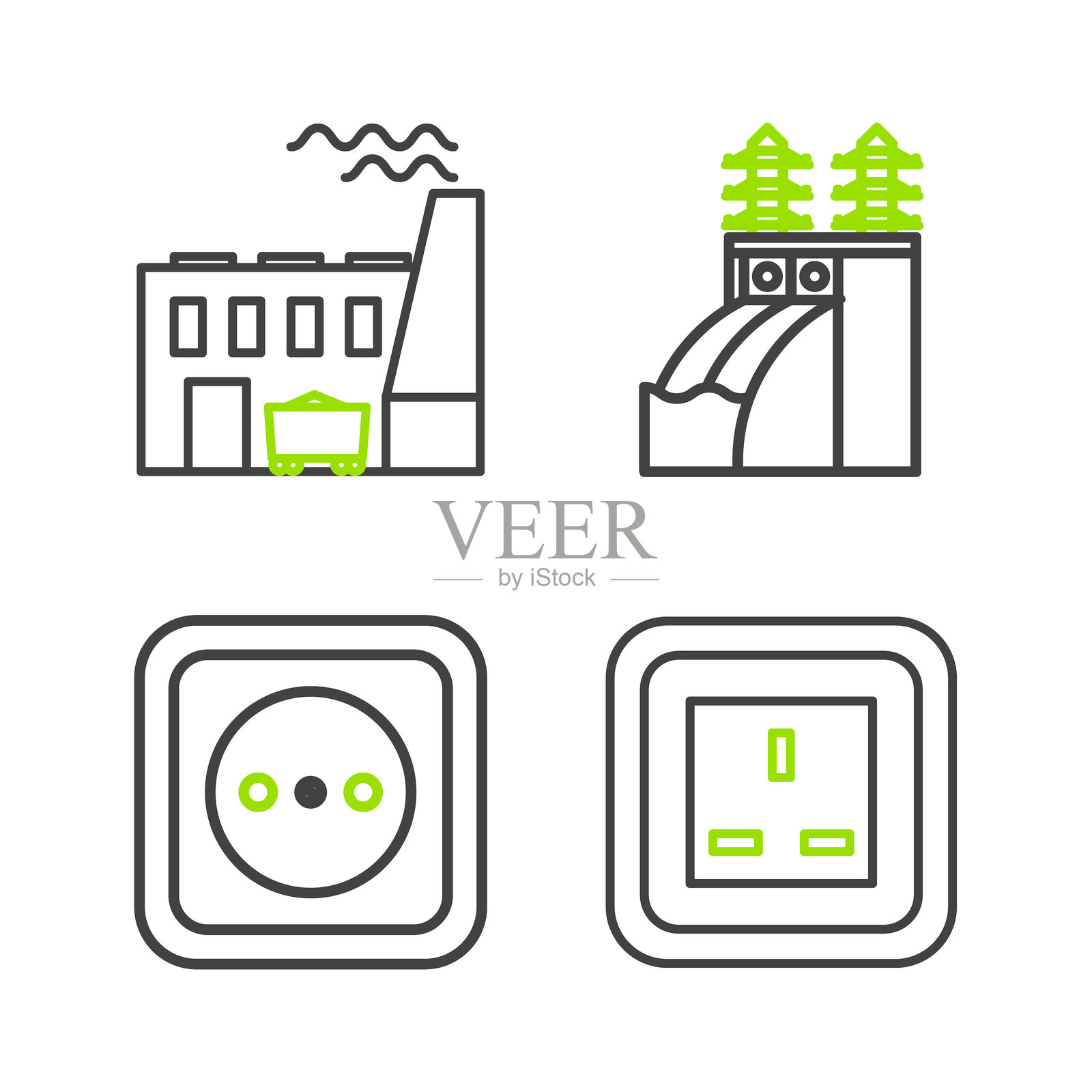 电源插座、核电站和煤炭工厂图标。矢量图。插画图片素材