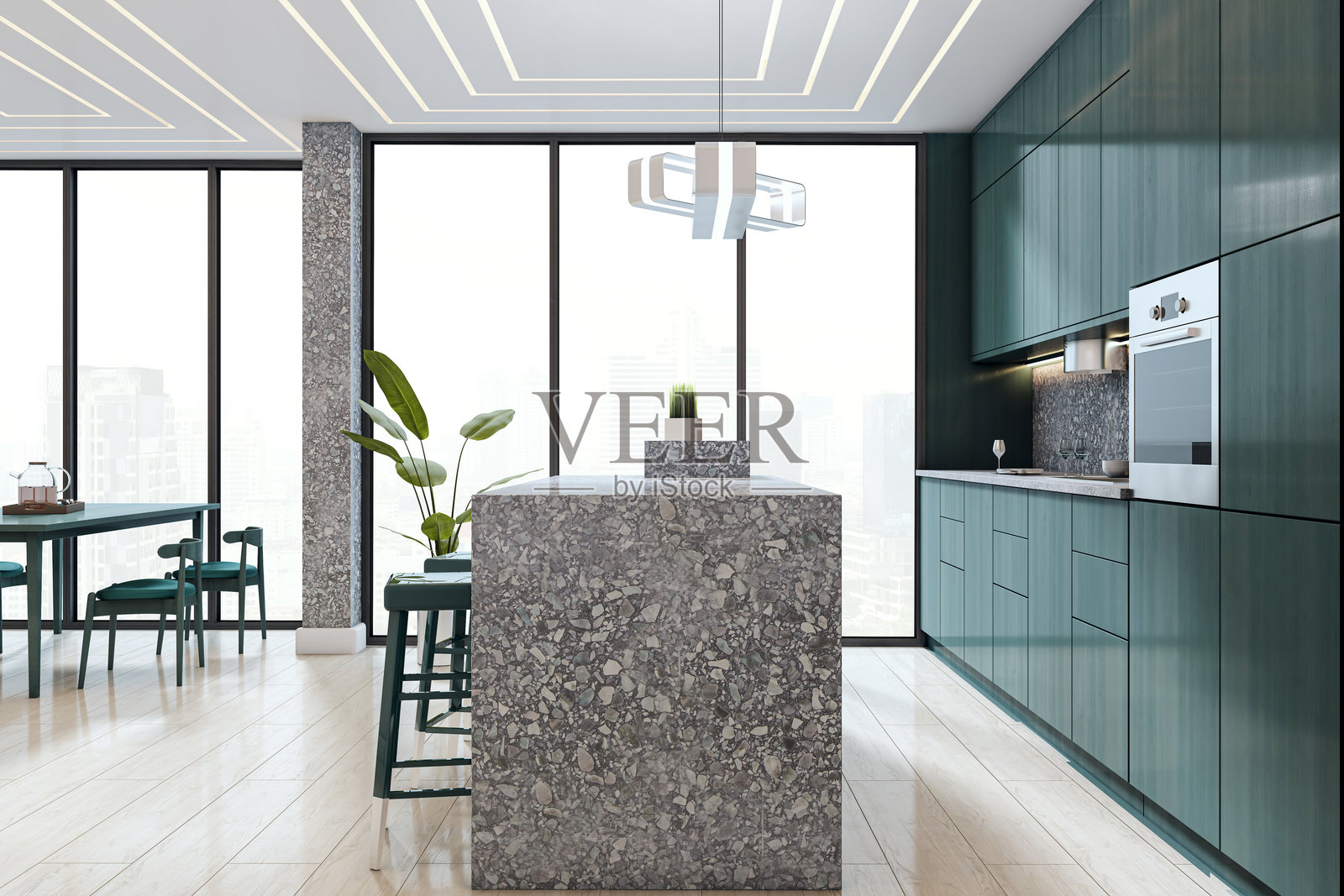 现代青色厨房室内，配有石材岛台和从大窗户俯瞰城市全景的时尚高层公寓空间。3D渲染图照片摄影图片