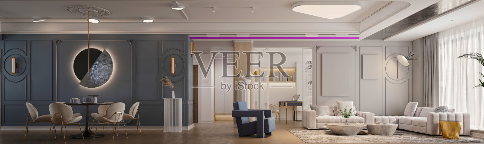 公寓室内3D渲染，客厅和餐厅照片摄影图片