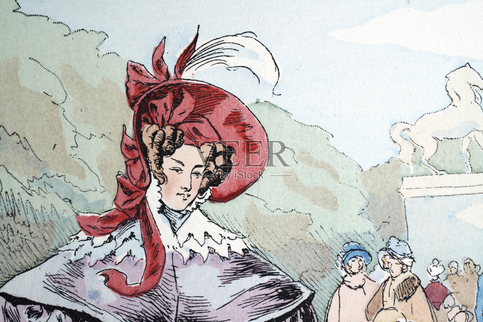 时尚历史，法国女性佩戴大红色带丝带的帽子，蕾丝领，法国，1830年代，复古插图插画图片素材