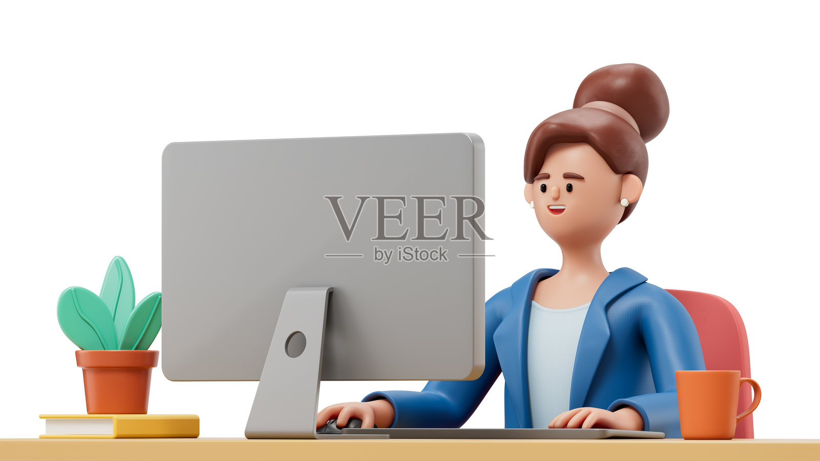 一位女性坐在桌子前使用笔记本电脑。照片摄影图片