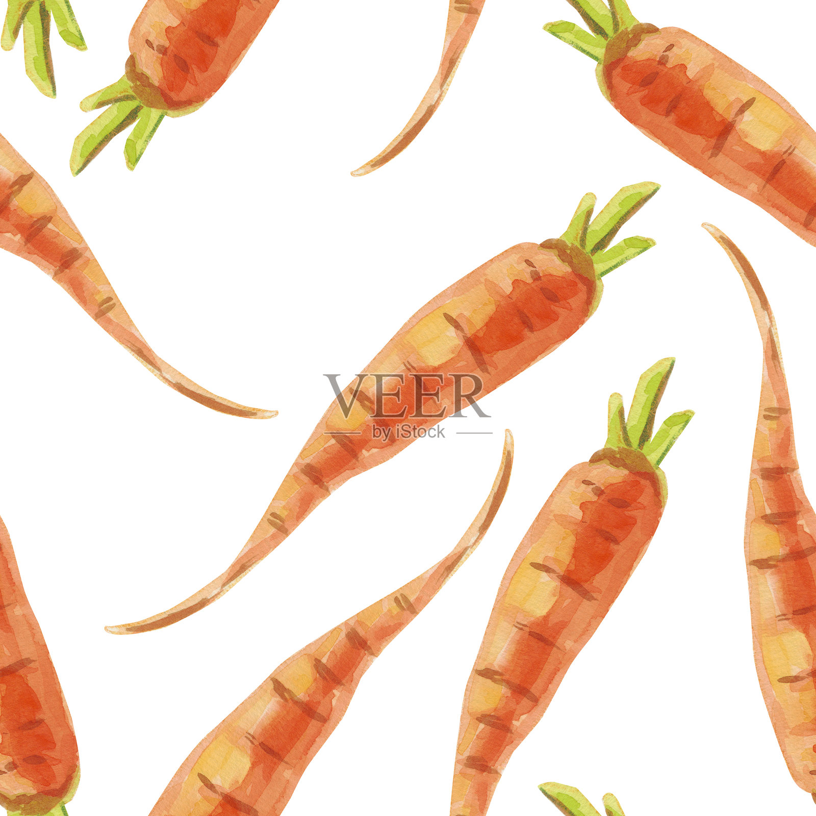 胡萝卜。水彩无缝图案，鲜艳的橙色胡萝卜在白色背景上。植物手绘食品插图。为厨房纺织品设计、食品包装和包装纸手绘。插画图片素材