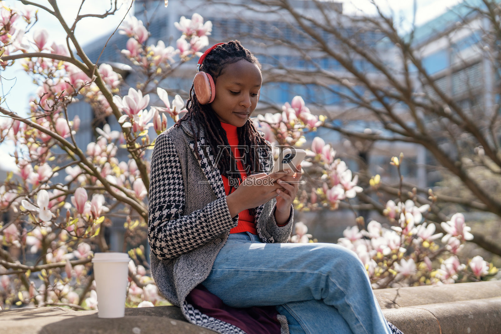 年轻女性在城市公园的盛开玉兰树前，享受阳光，听音乐并发短信。照片摄影图片