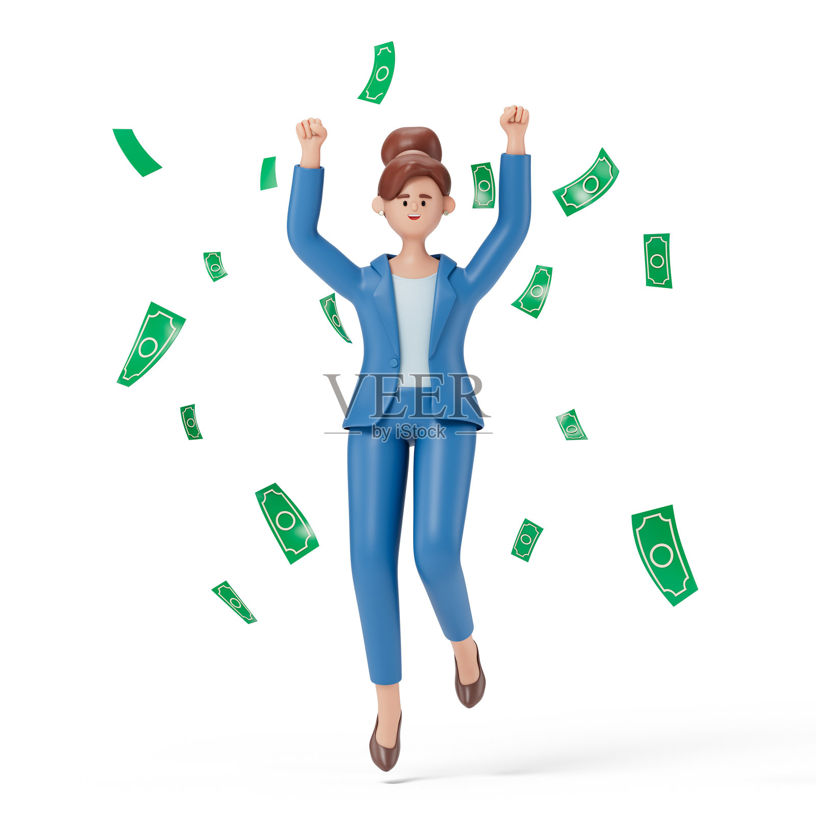 女人被飞舞的钱包围照片摄影图片