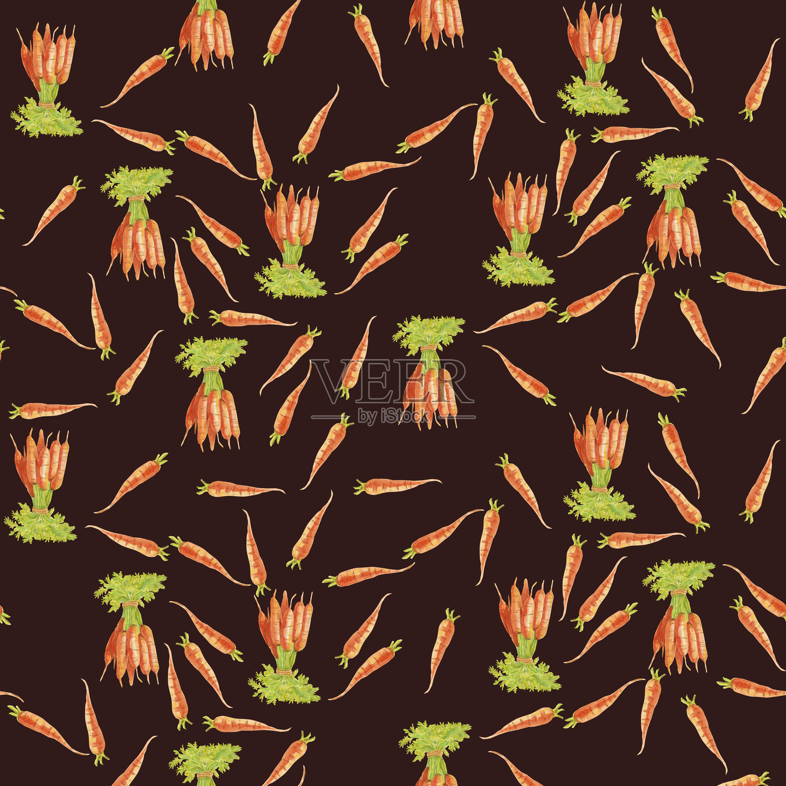 胡萝卜。水彩无缝图案，鲜艳的橙色胡萝卜在深棕色背景上。植物手绘食品插图。为厨房纺织品设计、食品包装和包装纸手绘。插画图片素材
