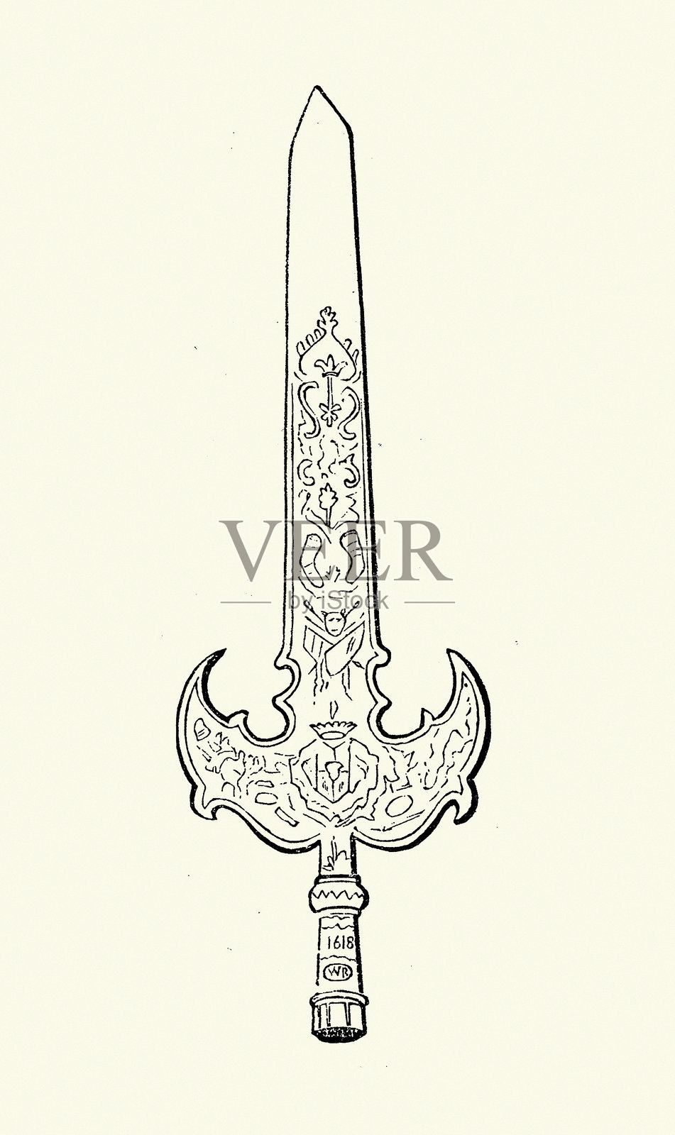 军事历史，游击刀（或称为部分刀），一种在16、17和18世纪使用的长柄武器插画图片素材