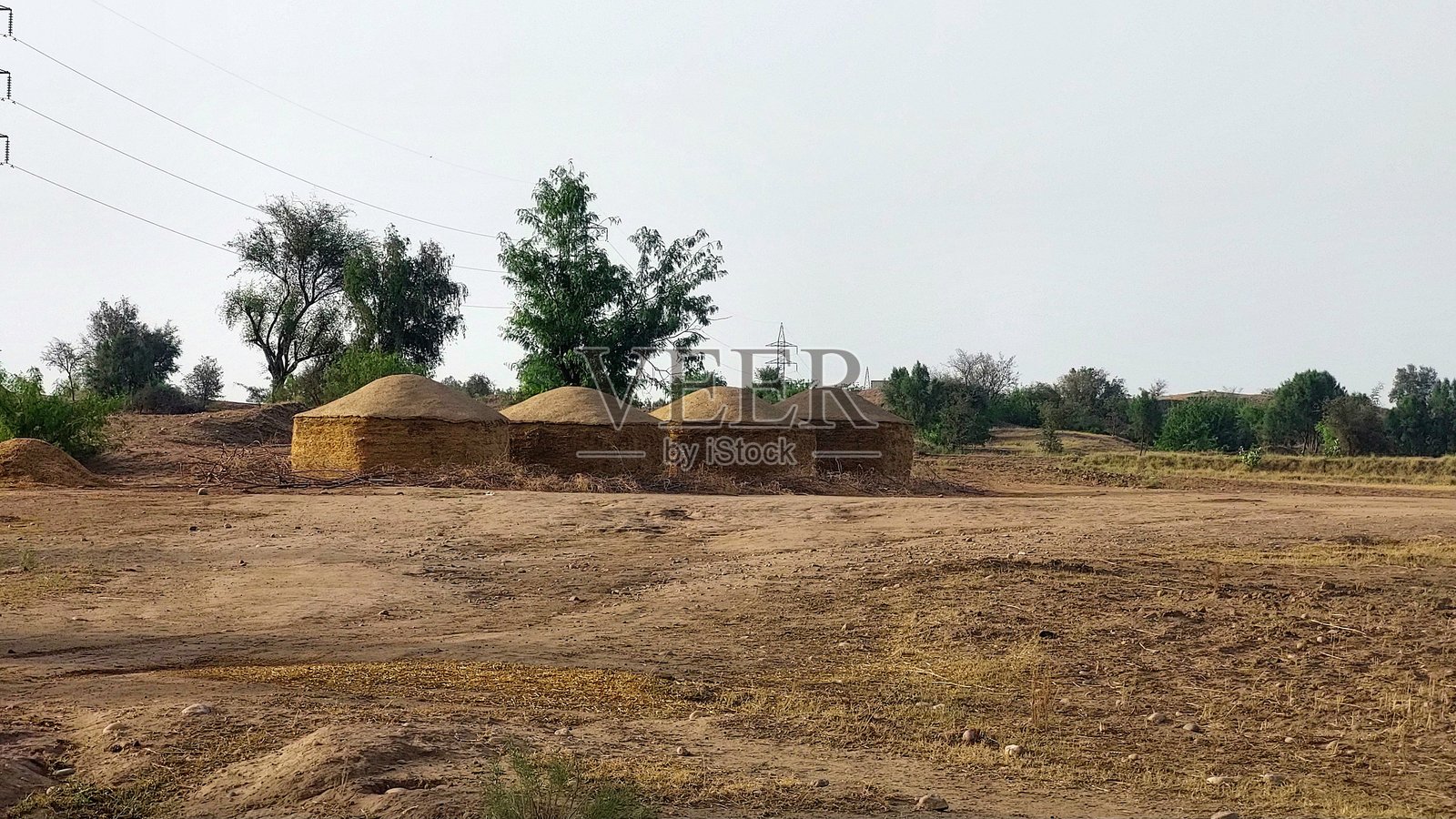 一个乡村风景展示了传统的泥土和干草结构，锥形屋顶在巴基斯坦被称为Bhoosy ki Manri，用于储存小麦干草，供动物饲料，常见于印度和巴基斯坦的农田村庄。照片摄影图片