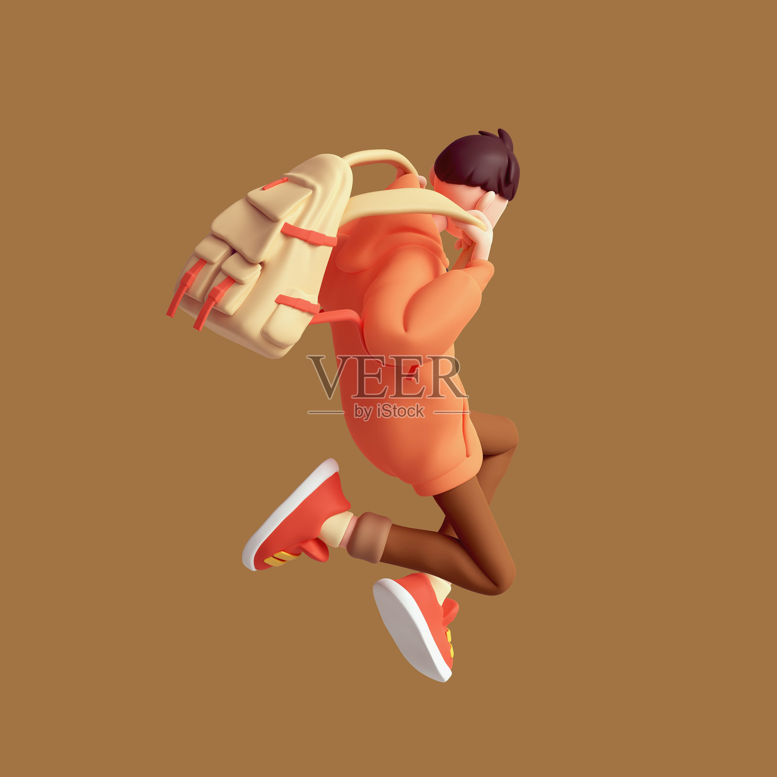 年轻可爱、兴奋、有趣的亚洲男孩穿着时尚的红色连帽衫、棕色牛仔裤和运动鞋，背着黄色背包，跳起来享受乐趣，欢庆返校。照片摄影图片