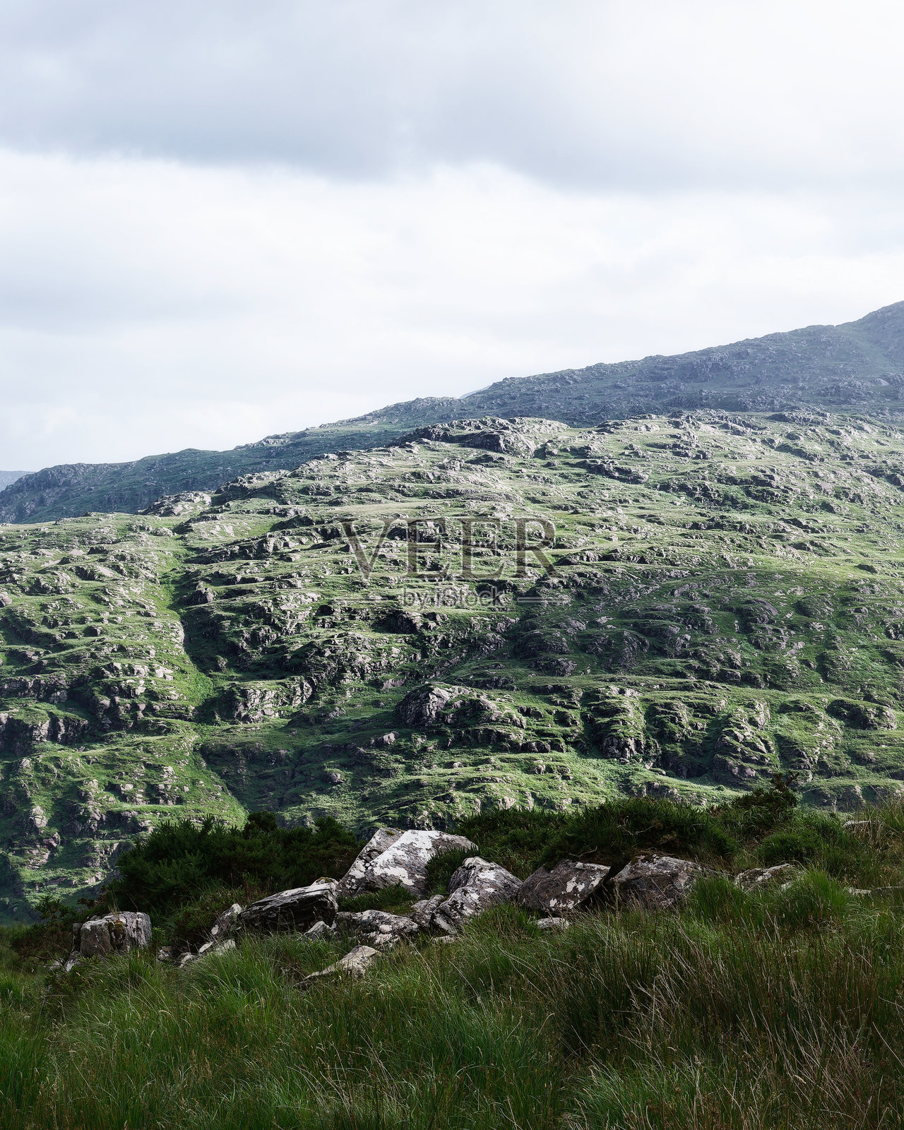 爱尔兰凯里郡郁郁葱葱的山区。起伏的丘陵和稀疏的植被在邓洛峡谷的入口处让位于岩石和草地。照片摄影图片