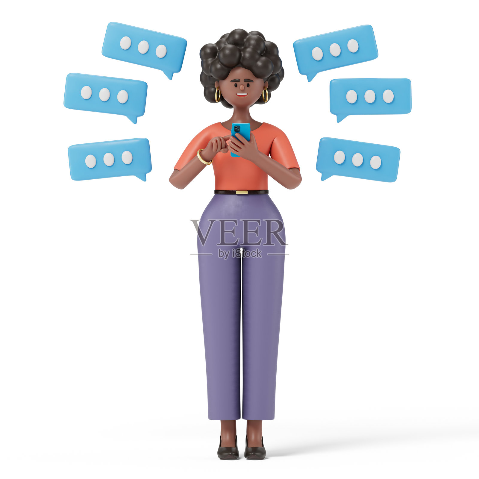 拿着电话的女人与对话气泡照片摄影图片