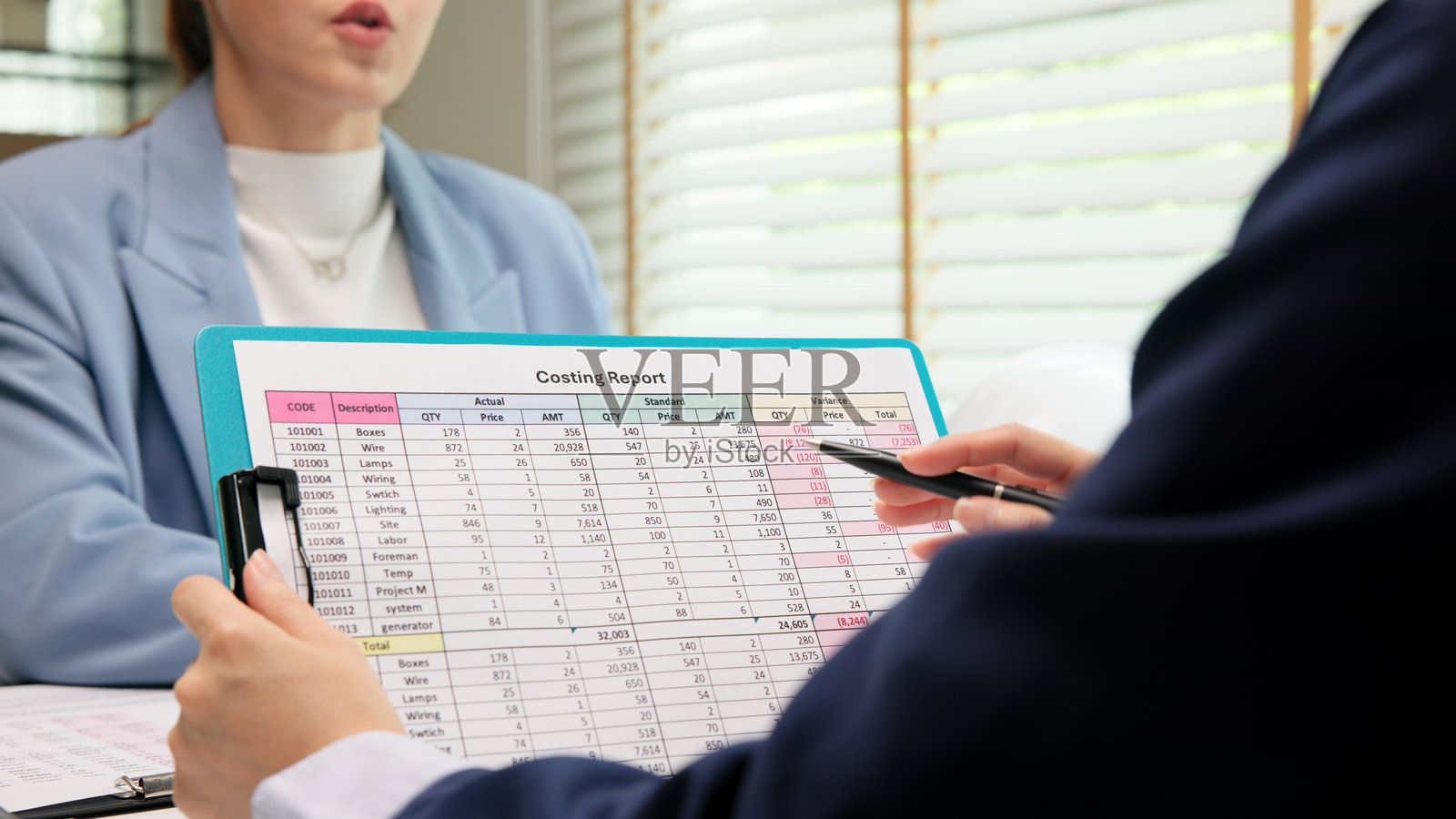 专业女性亚洲人士讨论审查数据、成本管理会计，准备每月实际成本差异报告和审计办公室的所得税。ESG预算控制ERP流程服务项目。照片摄影图片