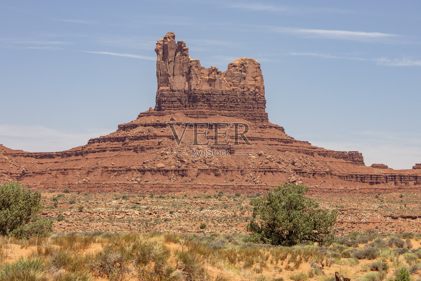 纪念碑谷在犹他州的阳光明媚的下午景色中展现出红色岩石地貌与蓝天。照片摄影图片