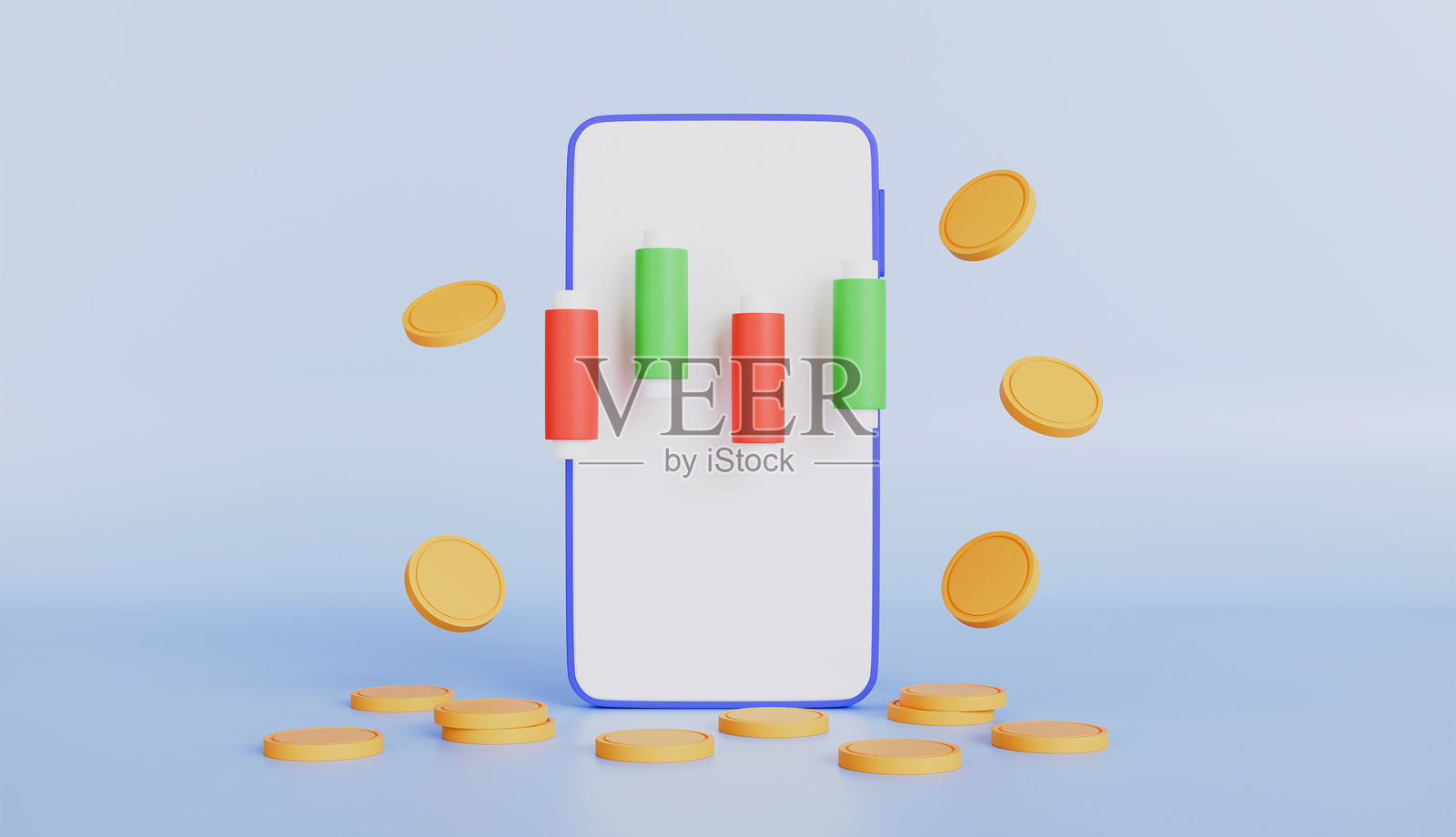 智能手机与增长蜡烛图，在线股票加密货币交易的金钱硬币概念照片摄影图片