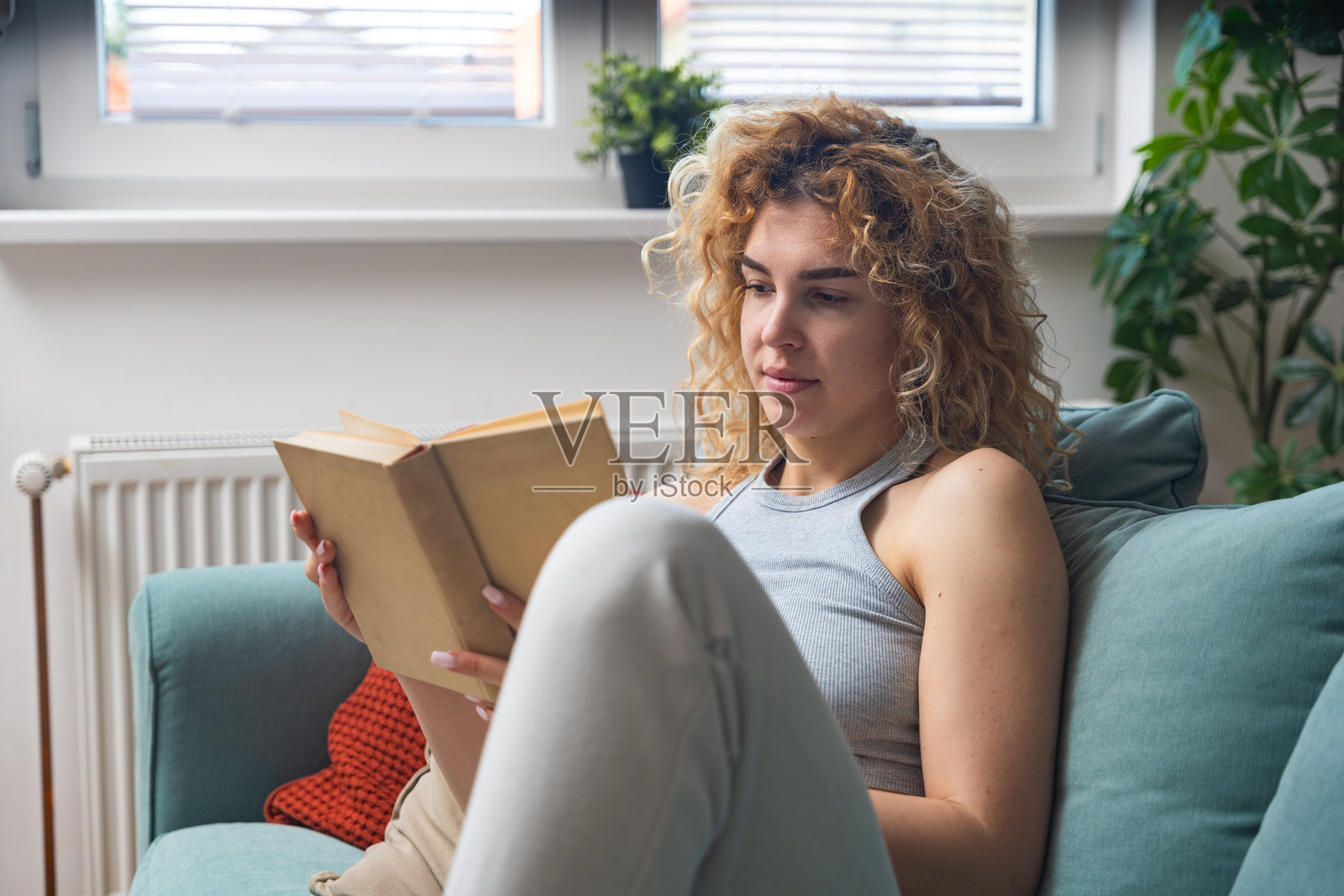 年轻女性在家中舒适的沙发上享受宁静的独处时光，穿着休闲服装阅读书籍，逃避现实，学习，做白日梦，并在安静的时刻中找到安慰。照片摄影图片