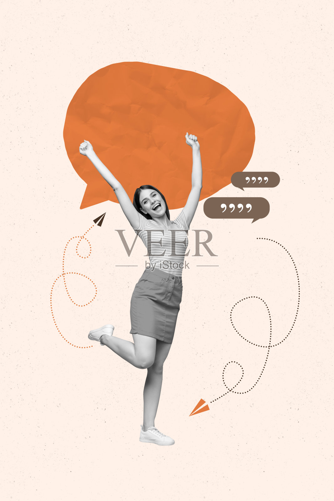 人站在粉彩背景上的流行拼贴，旁边有文本框照片摄影图片