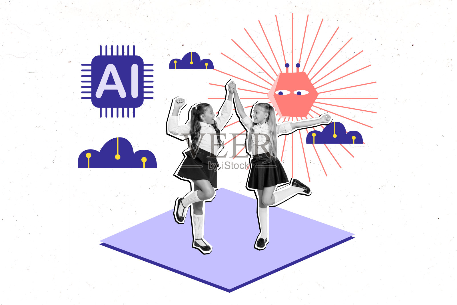 趋势艺术作品模板设计 3D 拼贴画 两个年轻女学生微笑玩耍 眼睛偷看 人工智能技术 电子学习 教室 大学照片摄影图片