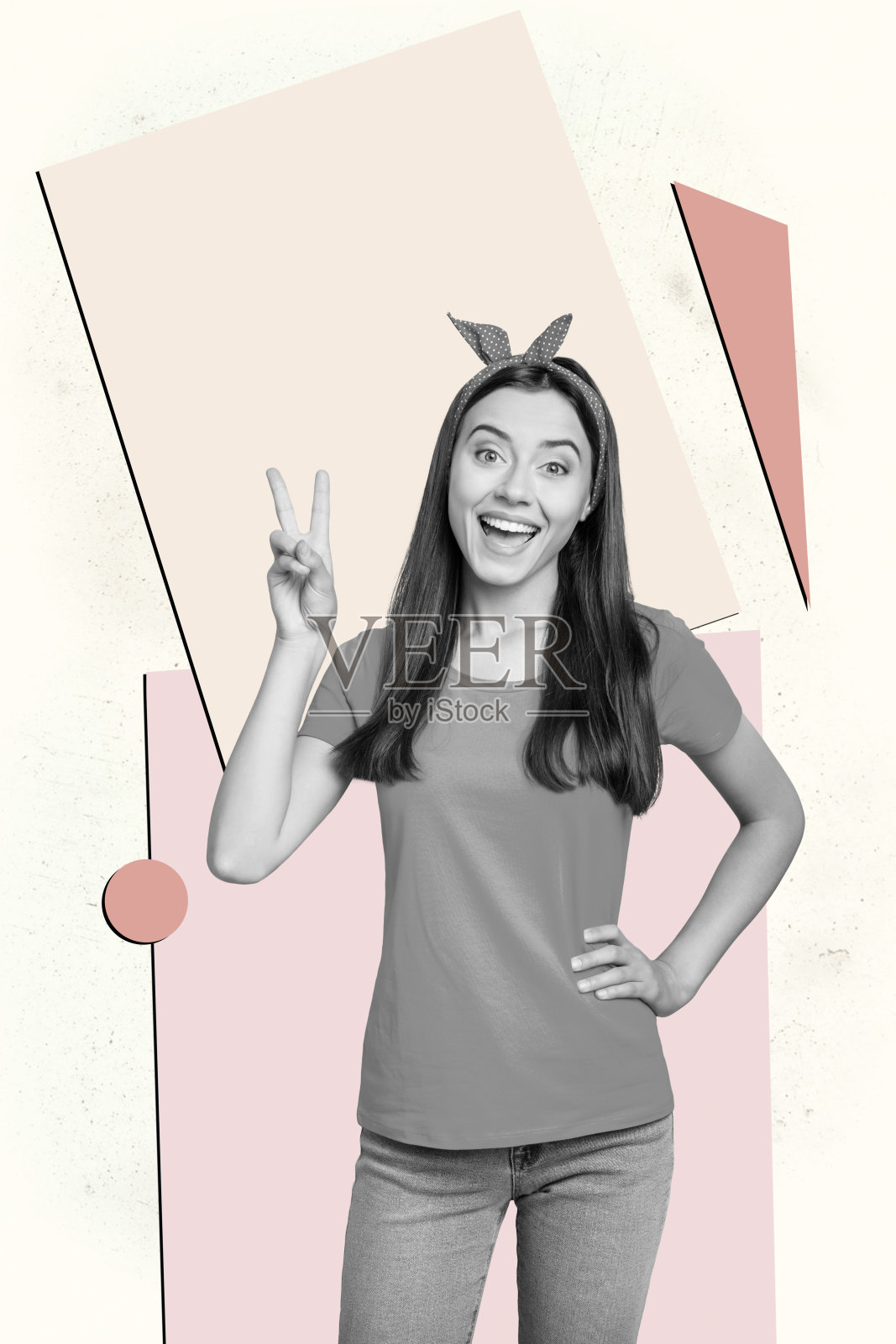 快乐年轻男女的拼贴画，黑白图案与几何背景相结合照片摄影图片