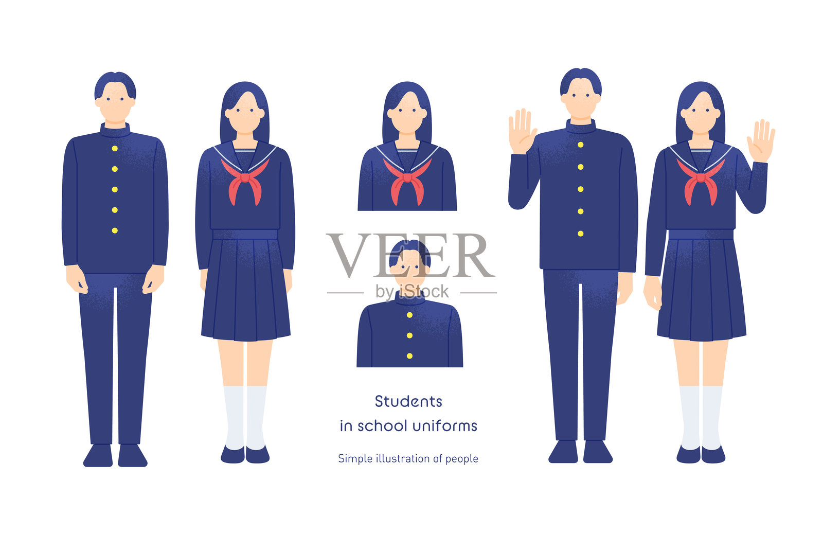 日本高中男生和女生穿着制服的姿势组合矢量插图插画图片素材