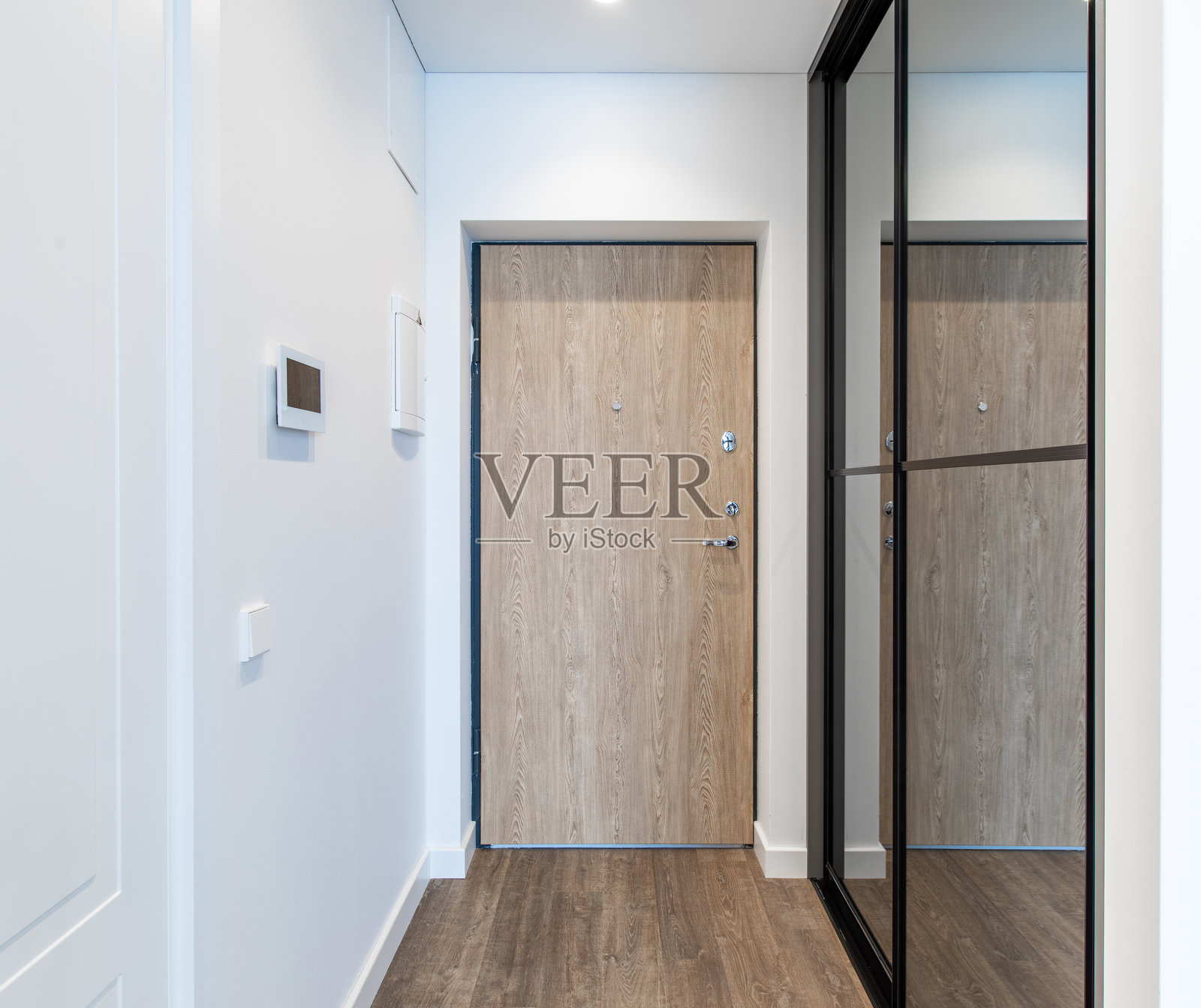 现代家居入口处的木门和反射镜照片摄影图片