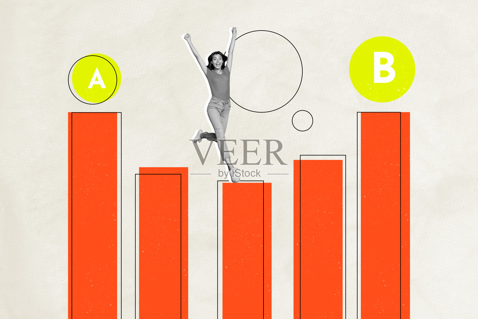 全3D图像草图创意拼贴，快乐的女商人与男商人站在统计进展目标发展的图表前。照片摄影图片