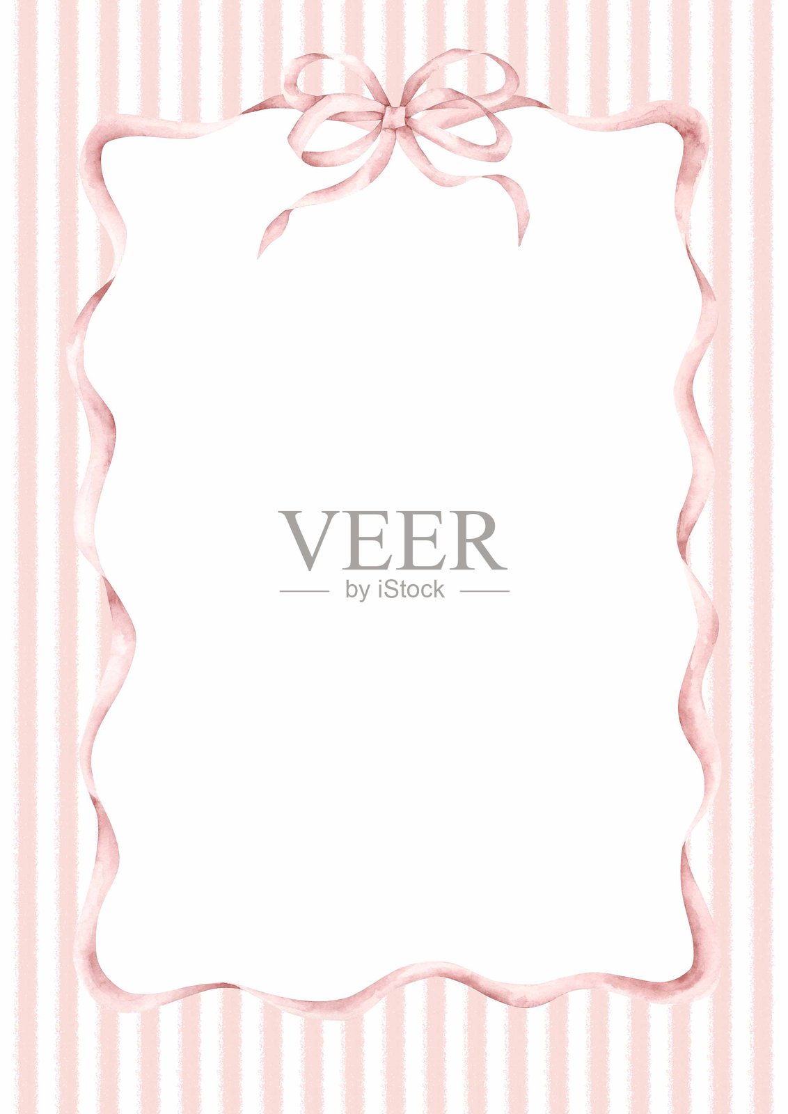 粉色梦幻。水彩手绘框架，粉白条纹配以丝带和蝴蝶结。适合小女孩的童话插图。用于设计婴儿洗礼、生日、女孩派对和婴儿房的模板卡片。插画图片素材