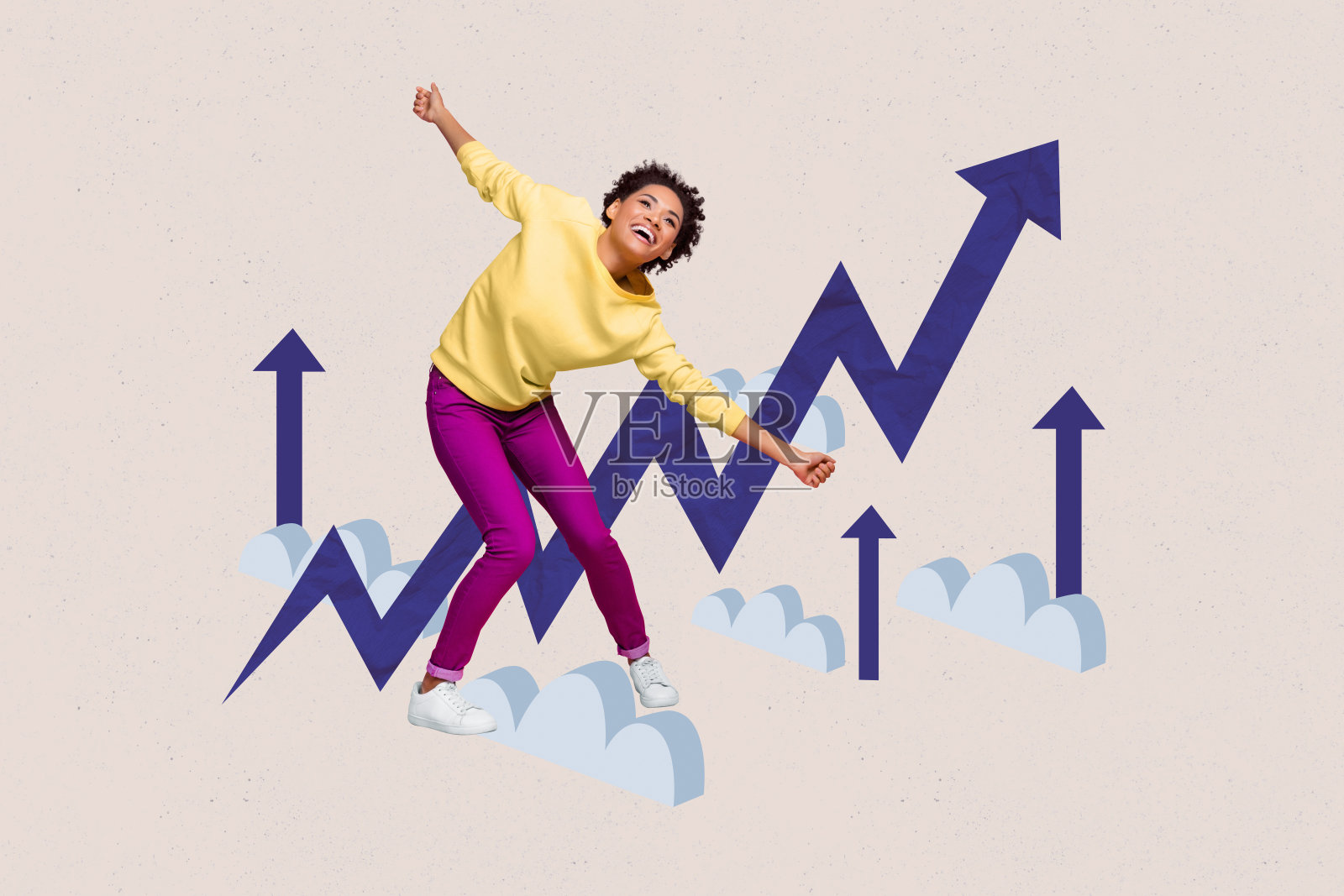 全景拼贴的杂志横幅，展示快乐的女商人和男商人获得晋升，箭头、进步、统计数据、机会和云彩。照片摄影图片