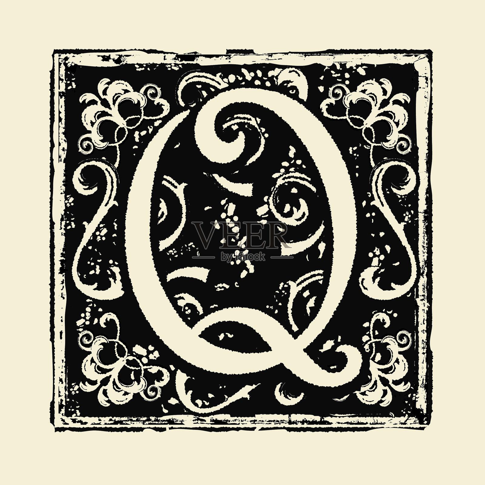 复古雕刻风格的字母Q装饰性首字母，适用于旧书的开头，具有非常磨损的质感风格插画图片素材