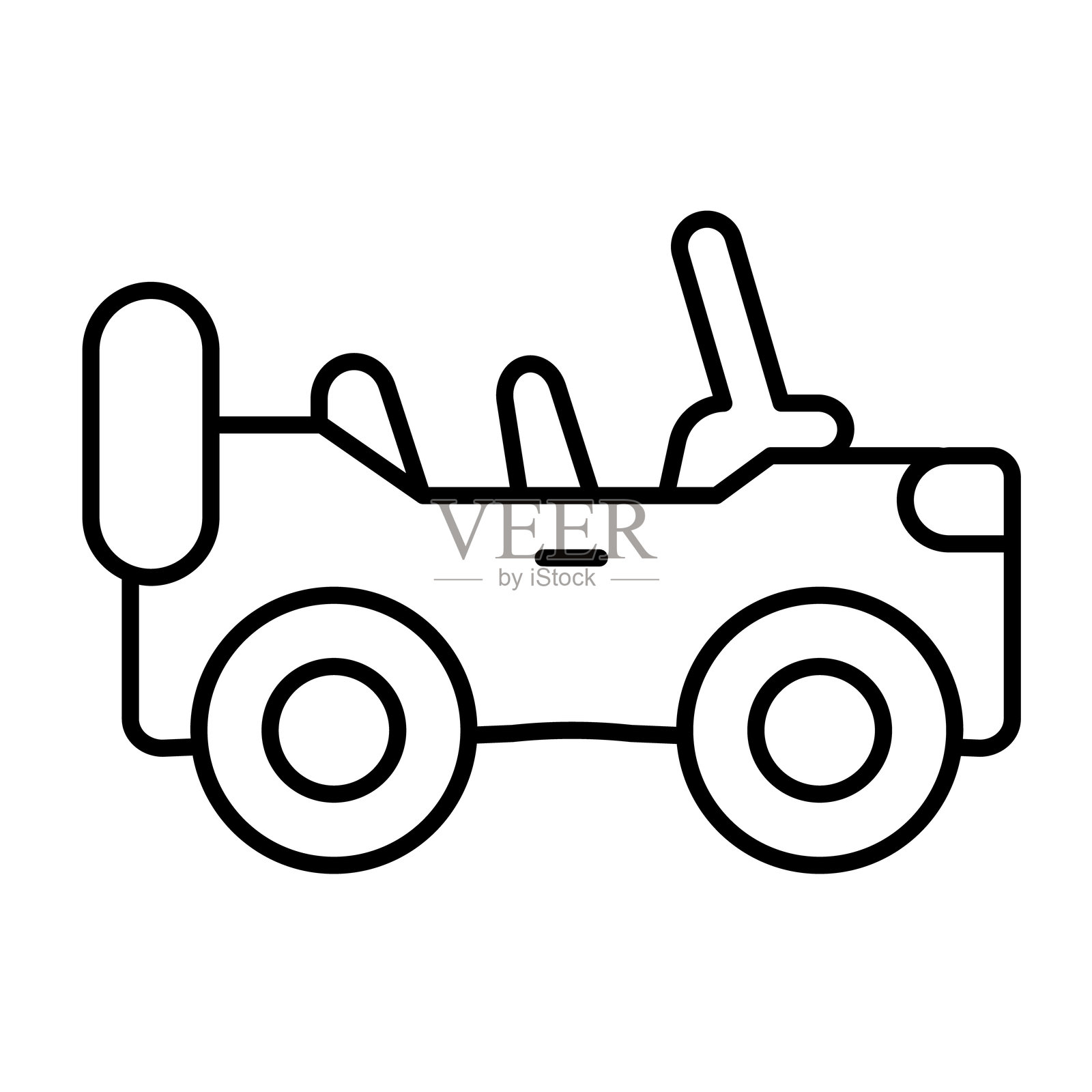 敞篷车前窗的细线图标，沙漠运输概念。矢量图形。汽车，军事车辆标志，白色背景上的移动或设计风格。插画图片素材