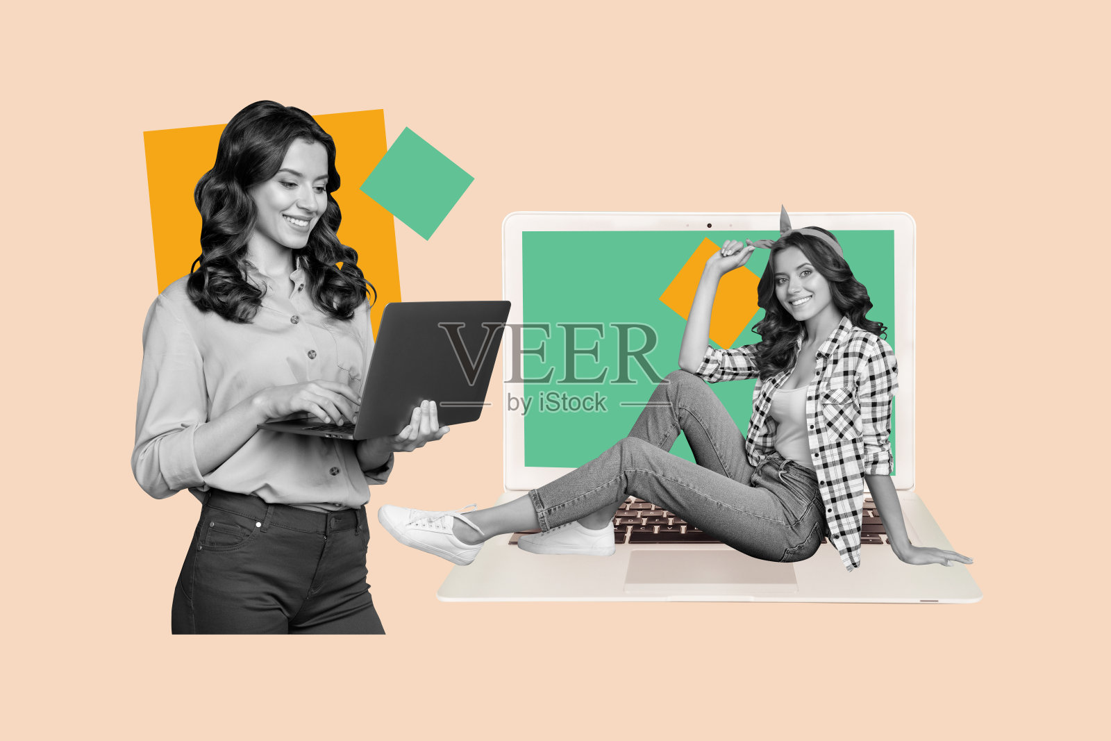 创意趋势拼贴，两个有趣的朋友同事在笔记本电脑上进行视频通话，工作过程奇怪、怪异、不同寻常、充满幻想。照片摄影图片