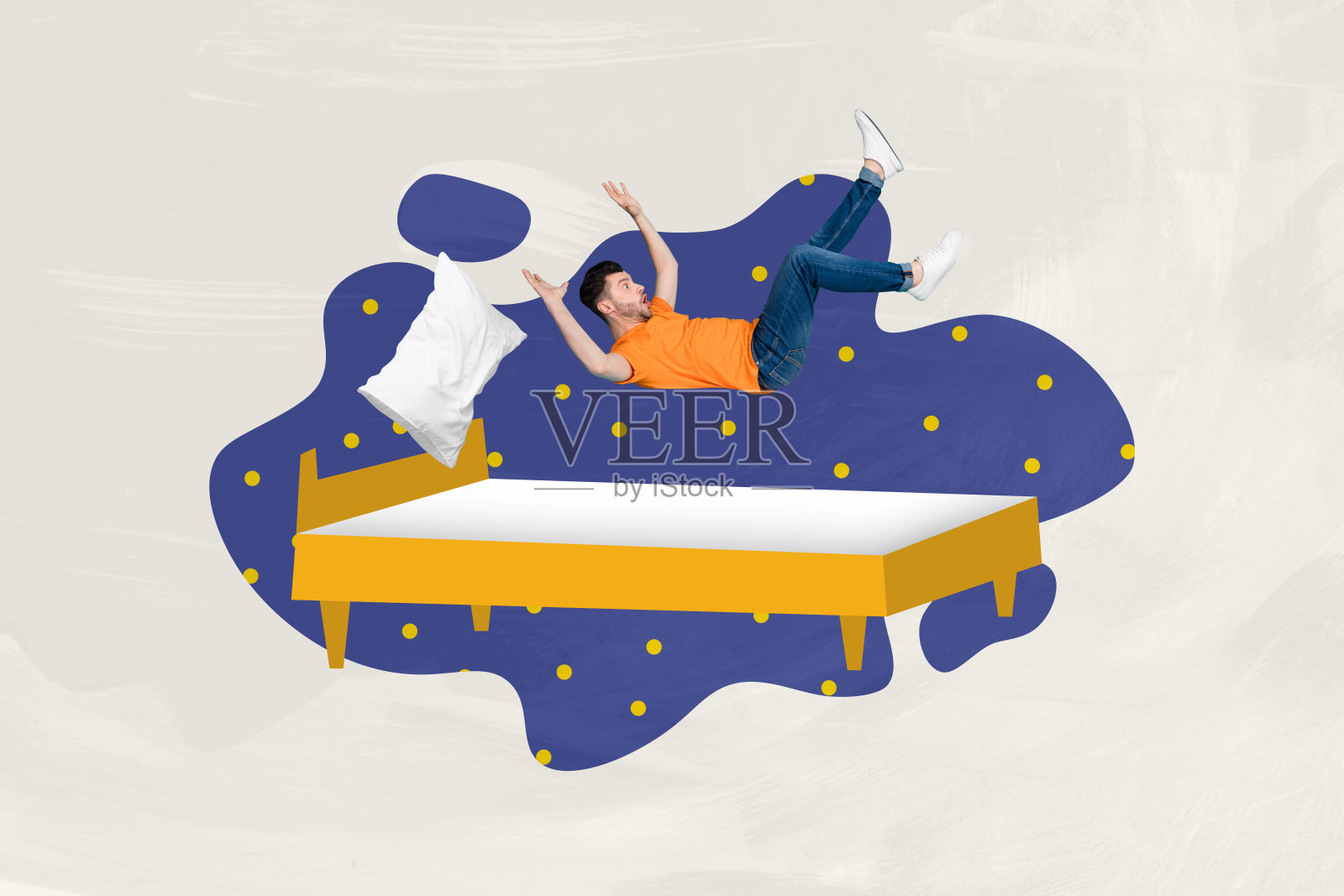 复合趋势艺术作品 3D 草图图像 照片拼贴 床家具房间 夜晚入睡的年轻人枕头看梦境幻想照片摄影图片