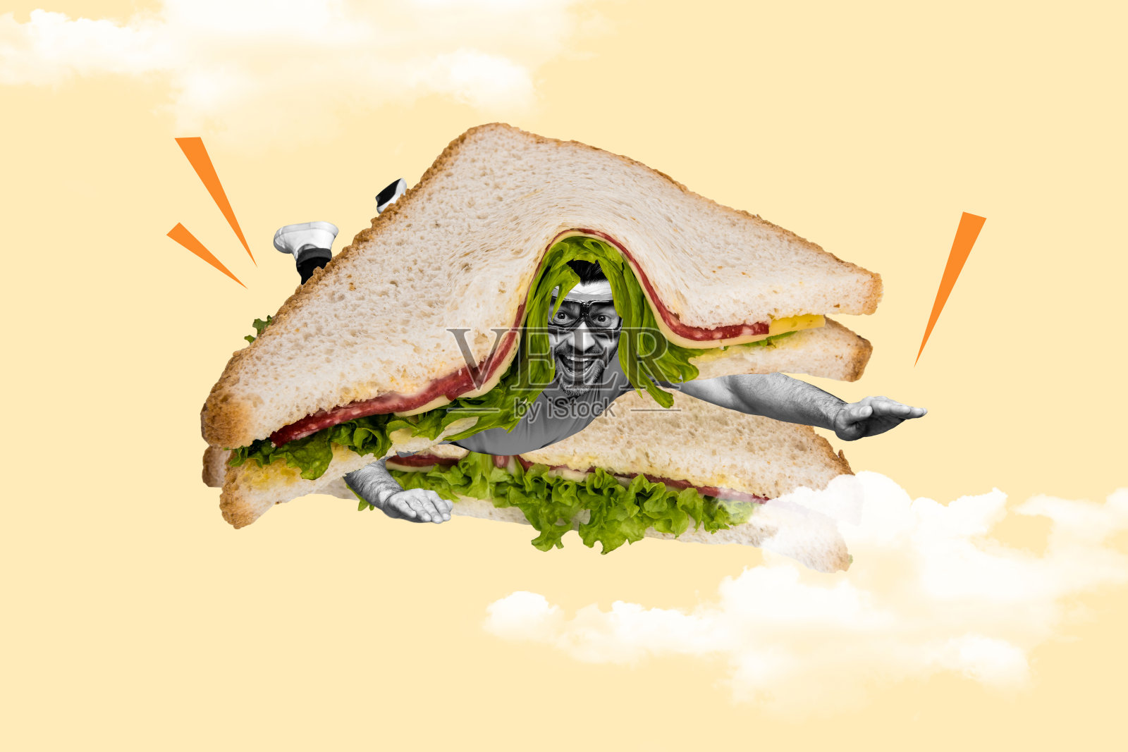 搞笑男子飞翔的天空三明治超级英雄午餐食物幻想拼贴画广告漫画杂志极简风格照片摄影图片