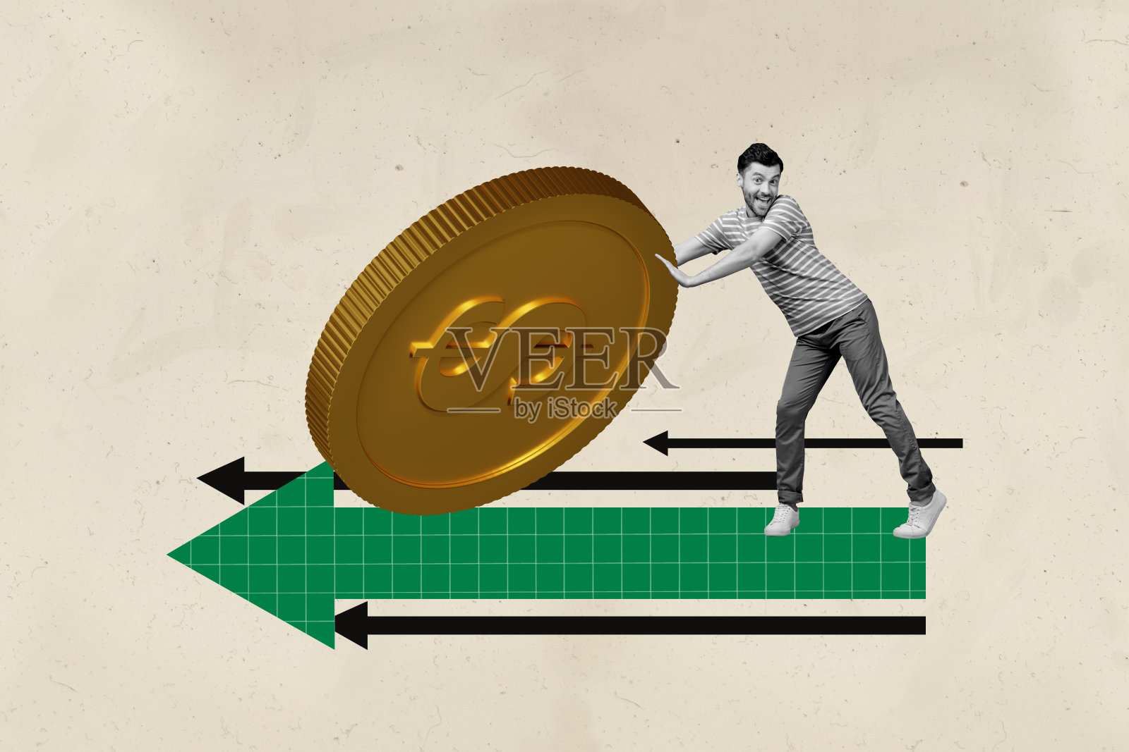 趋势艺术作品草图图像合成3D拼贴，巨大的美元硬币，大箭头，年轻男子微笑，快乐地用手努力拉推向左。照片摄影图片