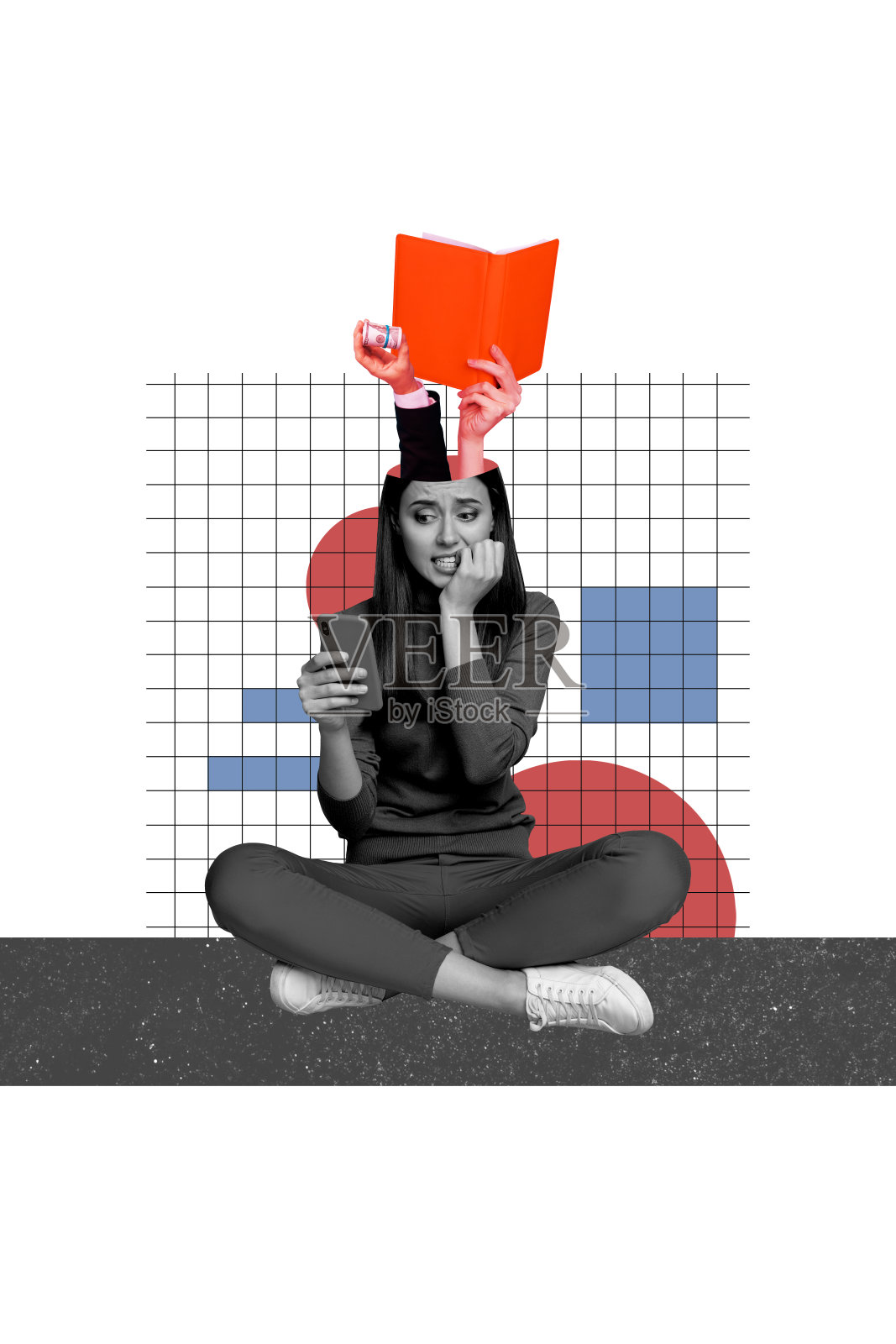 垂直海报拼贴，年轻女孩咬指甲，感到害怕、紧张、担忧，手里拿着智能手机、现金、交易本。照片摄影图片